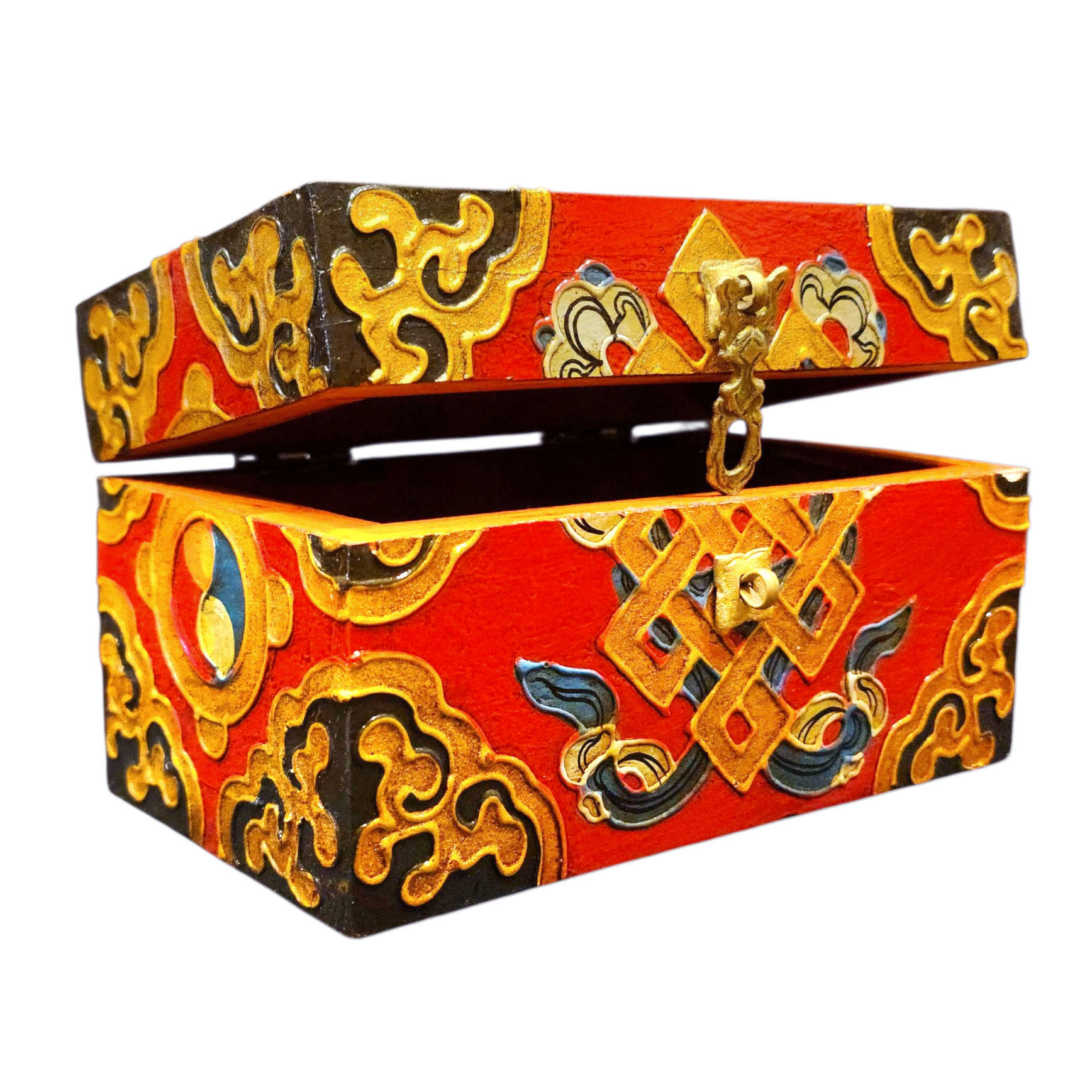 Buddhist Wooden Box With [endless Knot] Design, Tibetan Style With Traditional Colors