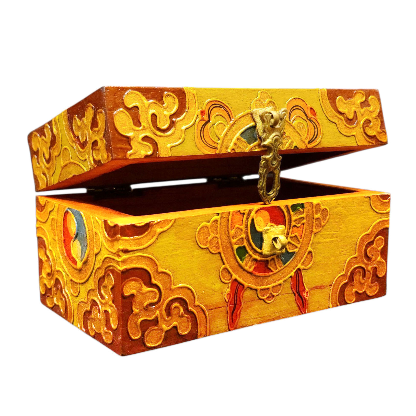 Buddhist Wooden Box With [dharmachakra] Design, Tibetan Style With Traditional Colors