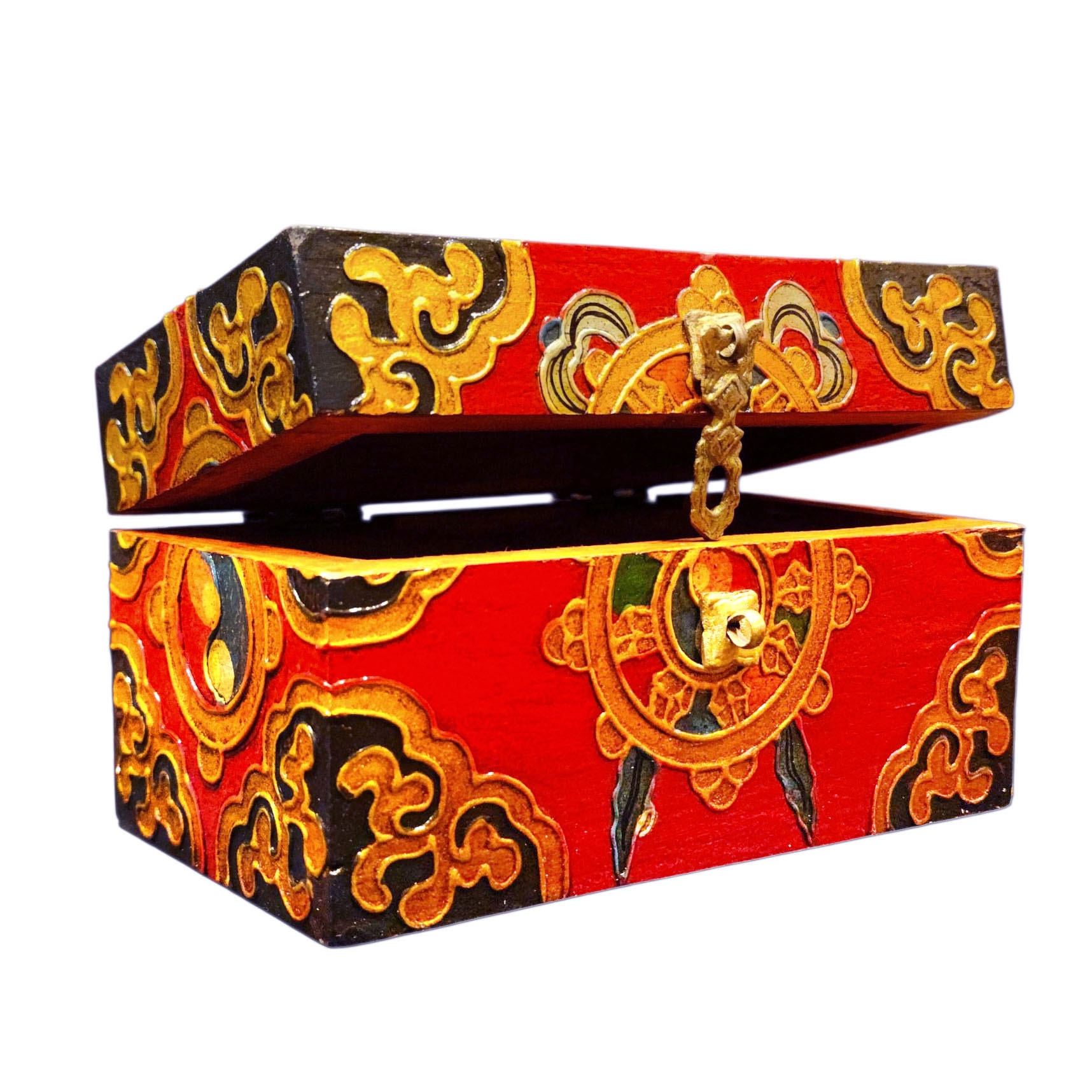 Buddhist Wooden Box With [dharmachakra] Design, Tibetan Style With Traditional Colors