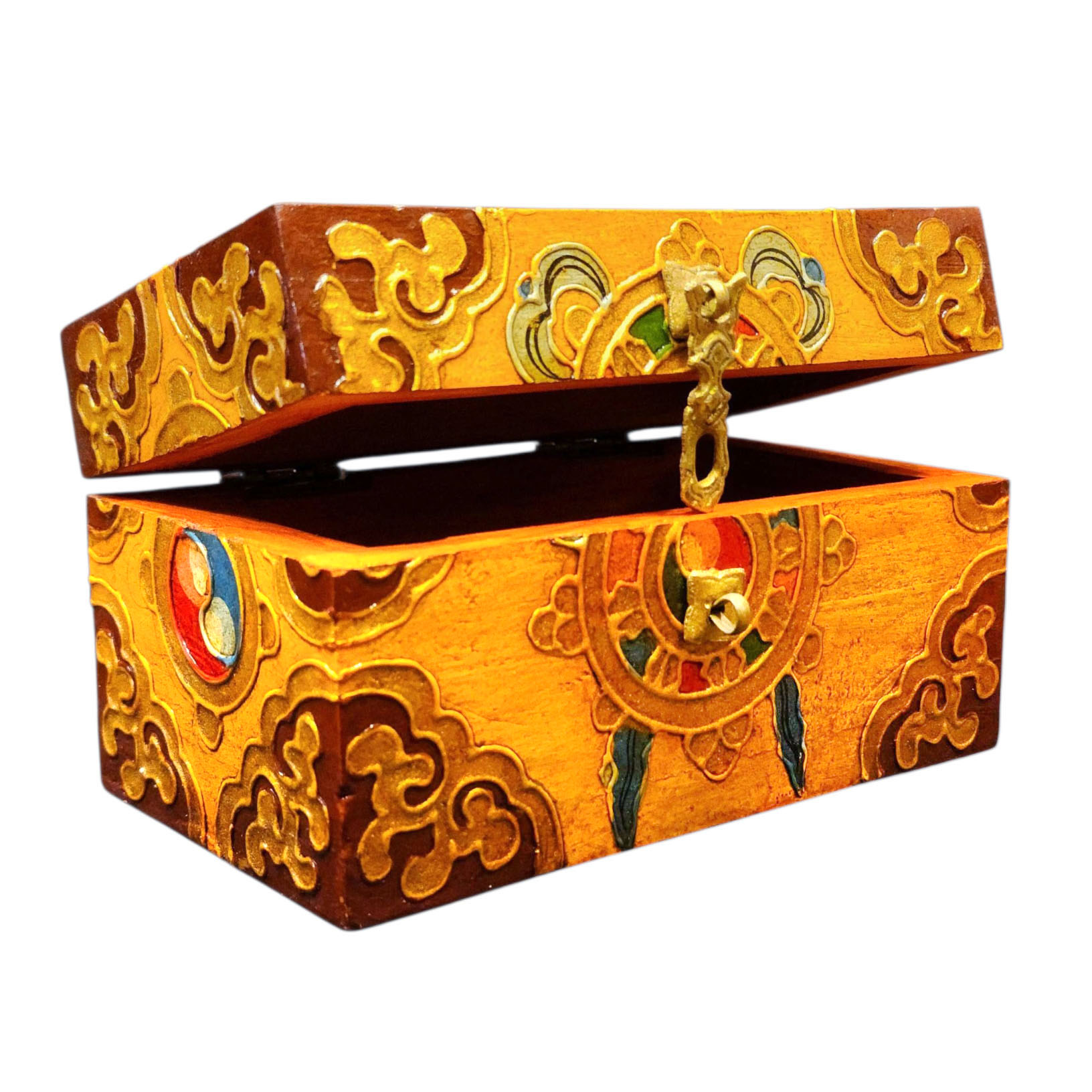 Buddhist Wooden Box With [dharmachakra] Design, Tibetan Style With Traditional Colors