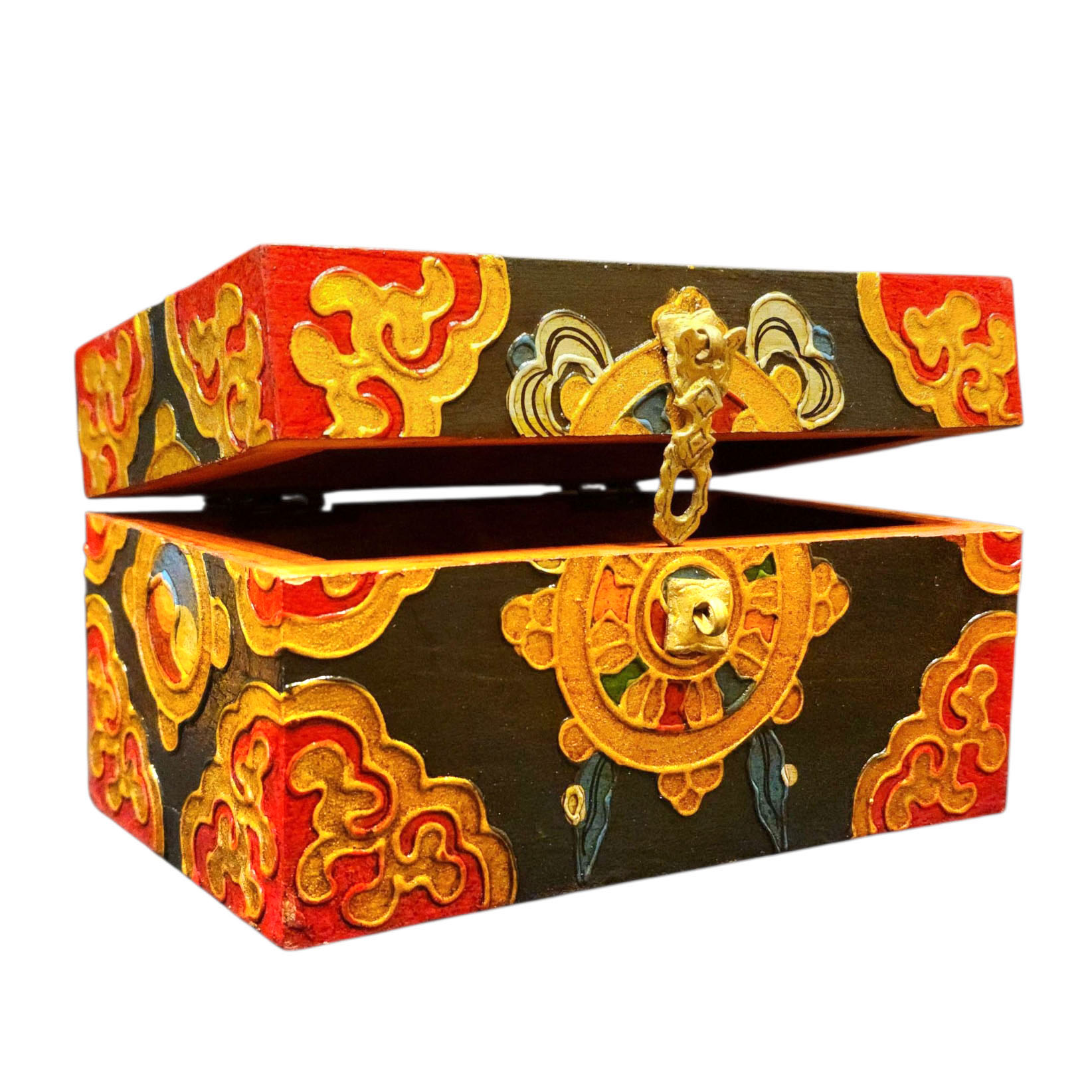 Buddhist Wooden Box With [dharmachakra] Design, Tibetan Style With Traditional Colors