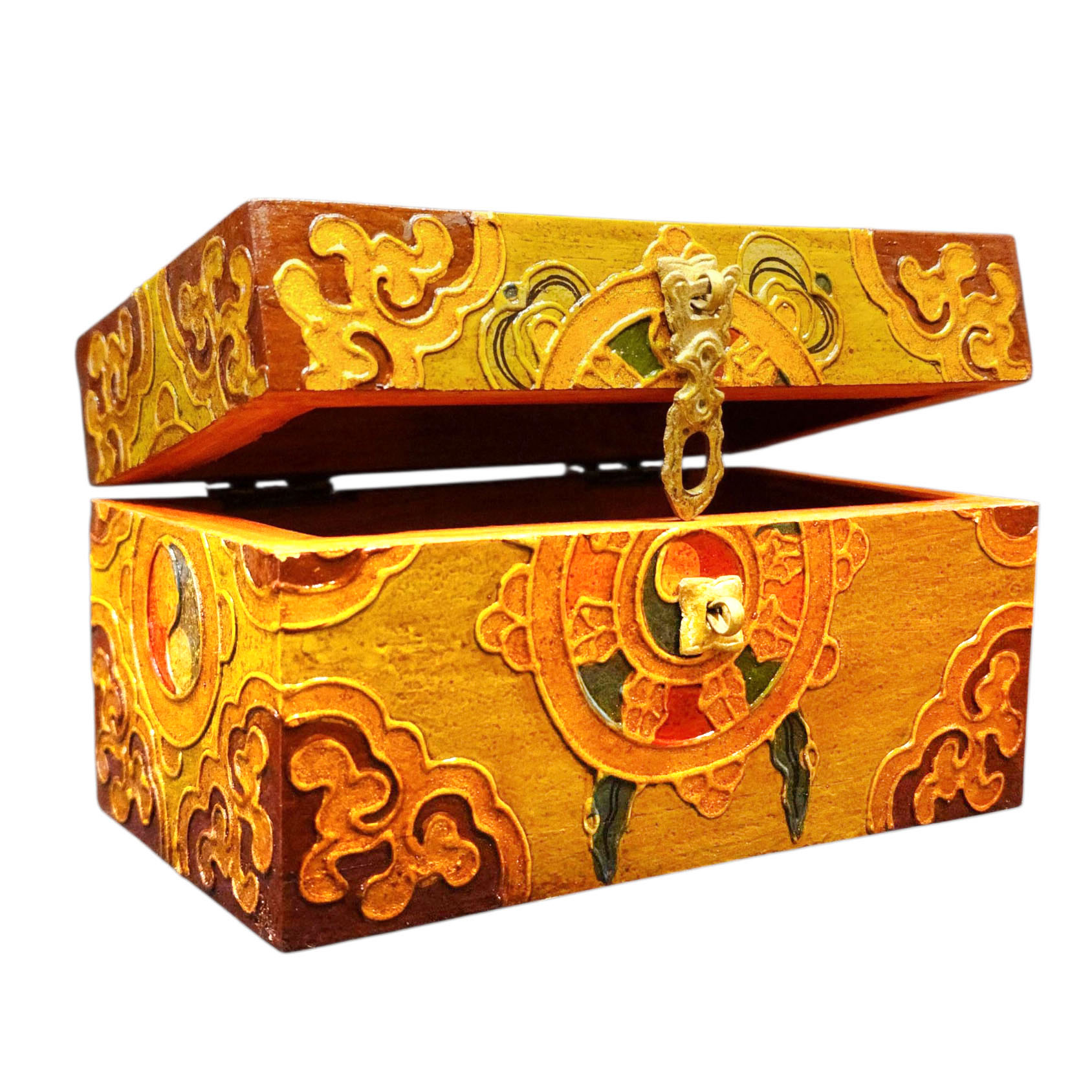 Buddhist Wooden Box With [dharmachakra] Design, Tibetan Style With Traditional Colors