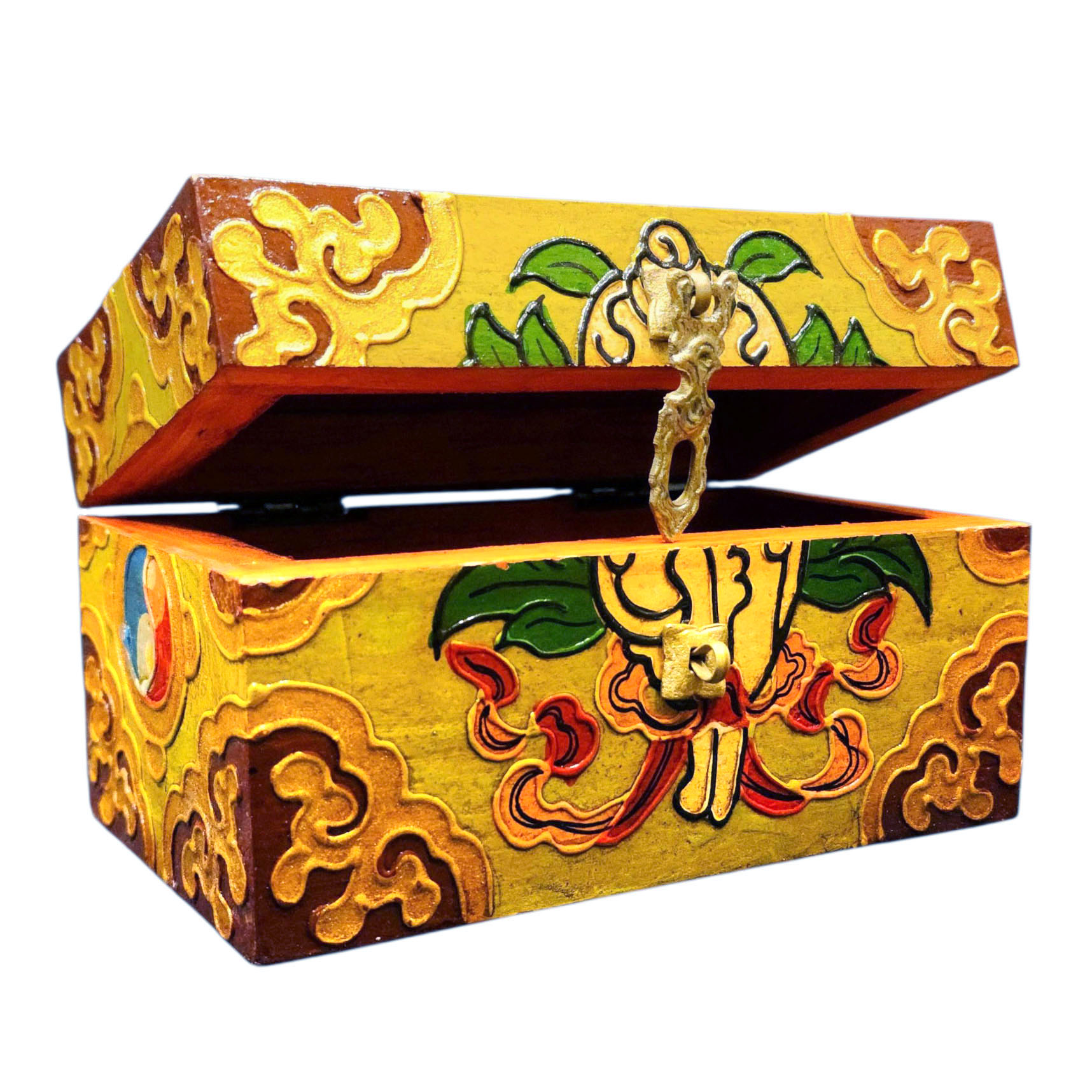 Buddhist Wooden Box With [conch Shell] Design, Tibetan Style With Traditional Colors