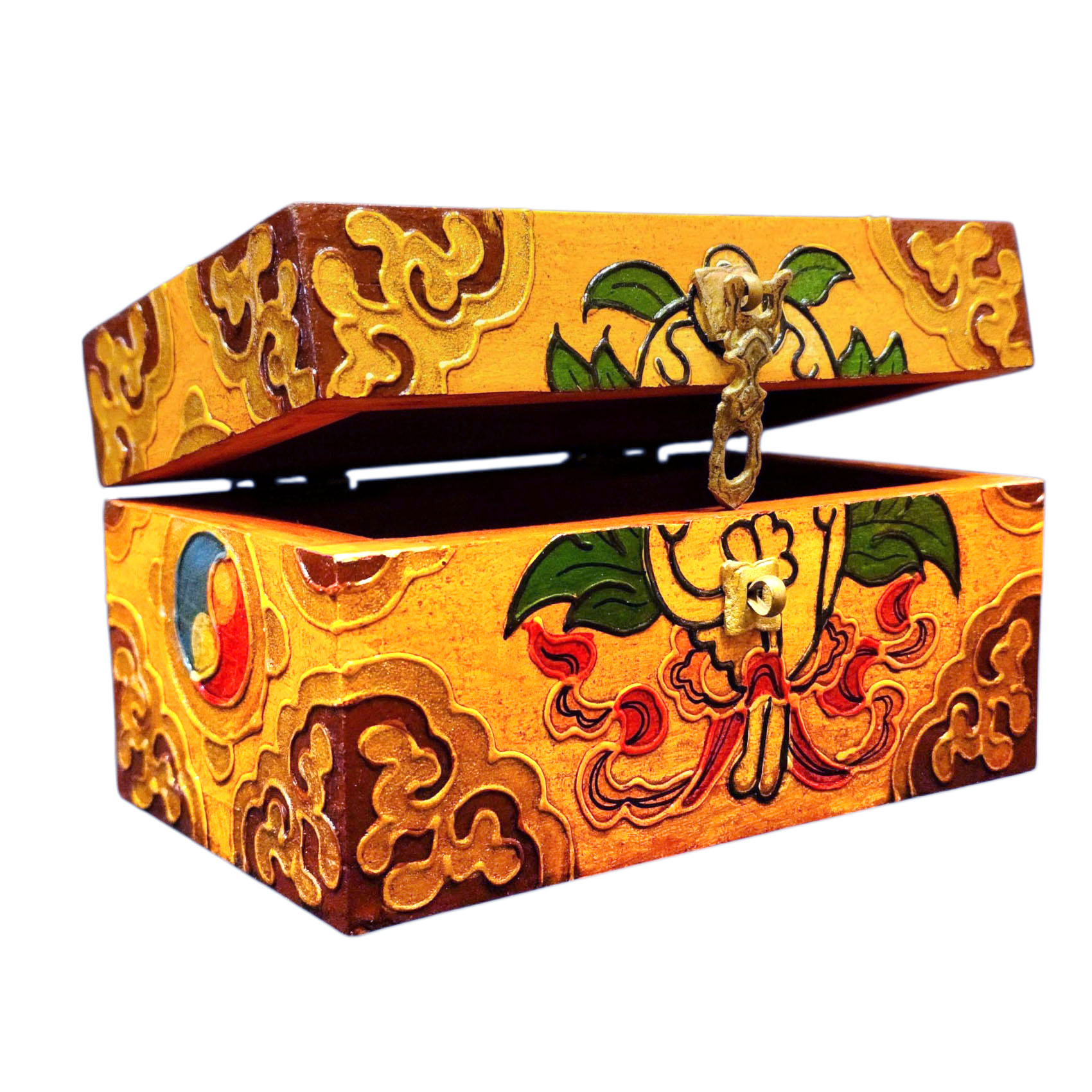 Buddhist Wooden Box With [conch Shell] Design, Tibetan Style With Traditional Colors