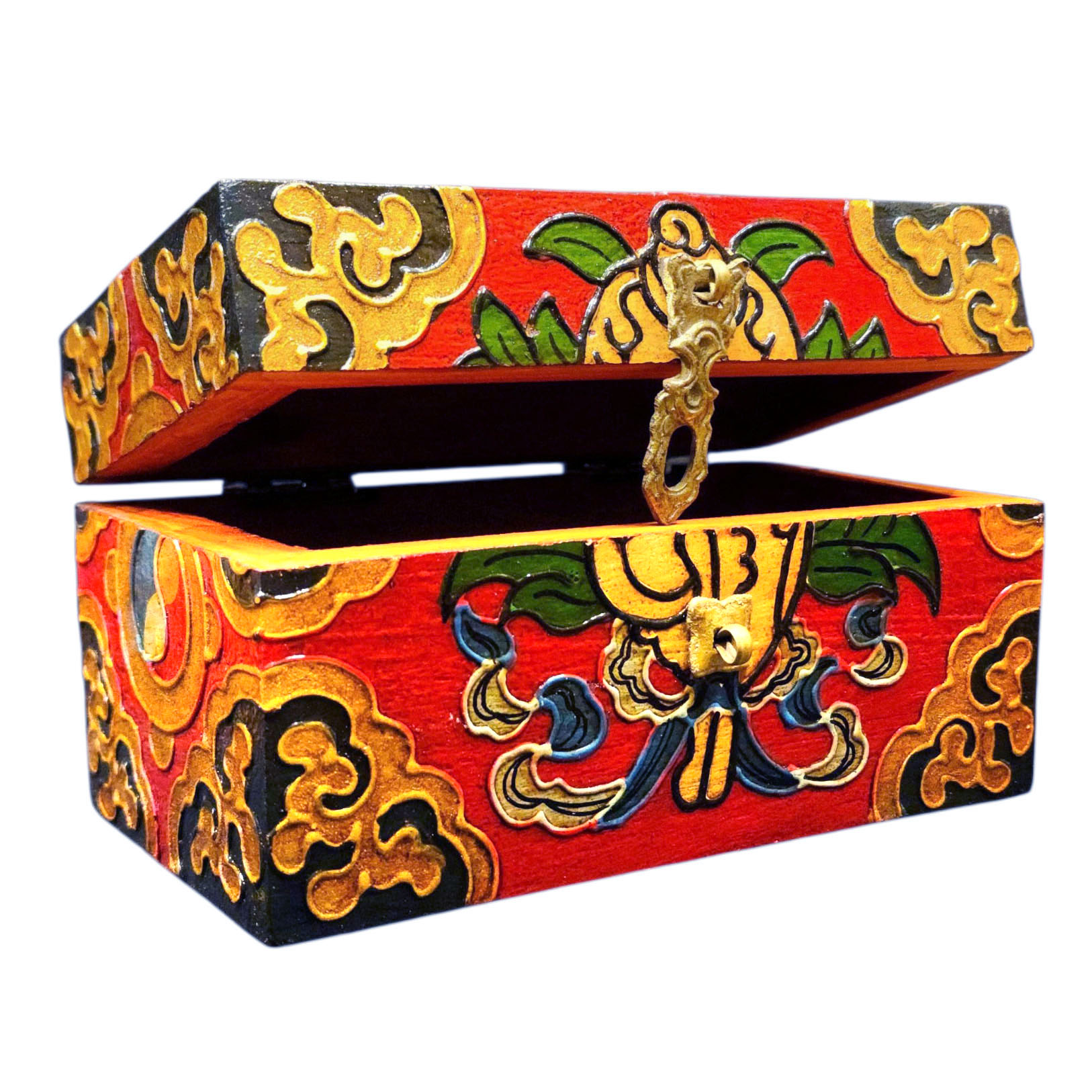 Buddhist Wooden Box With [conch Shell] Design, Tibetan Style With Traditional Colors