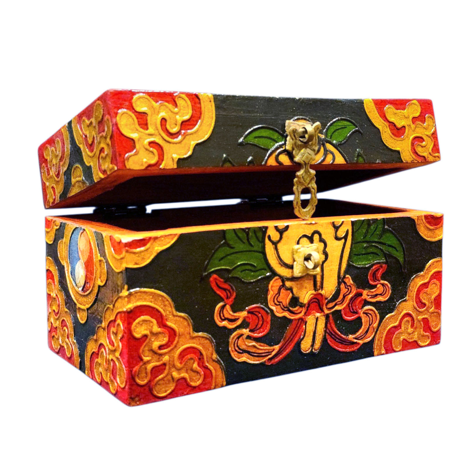 Buddhist Wooden Box With [conch Shell] Design, Tibetan Style With Traditional Colors