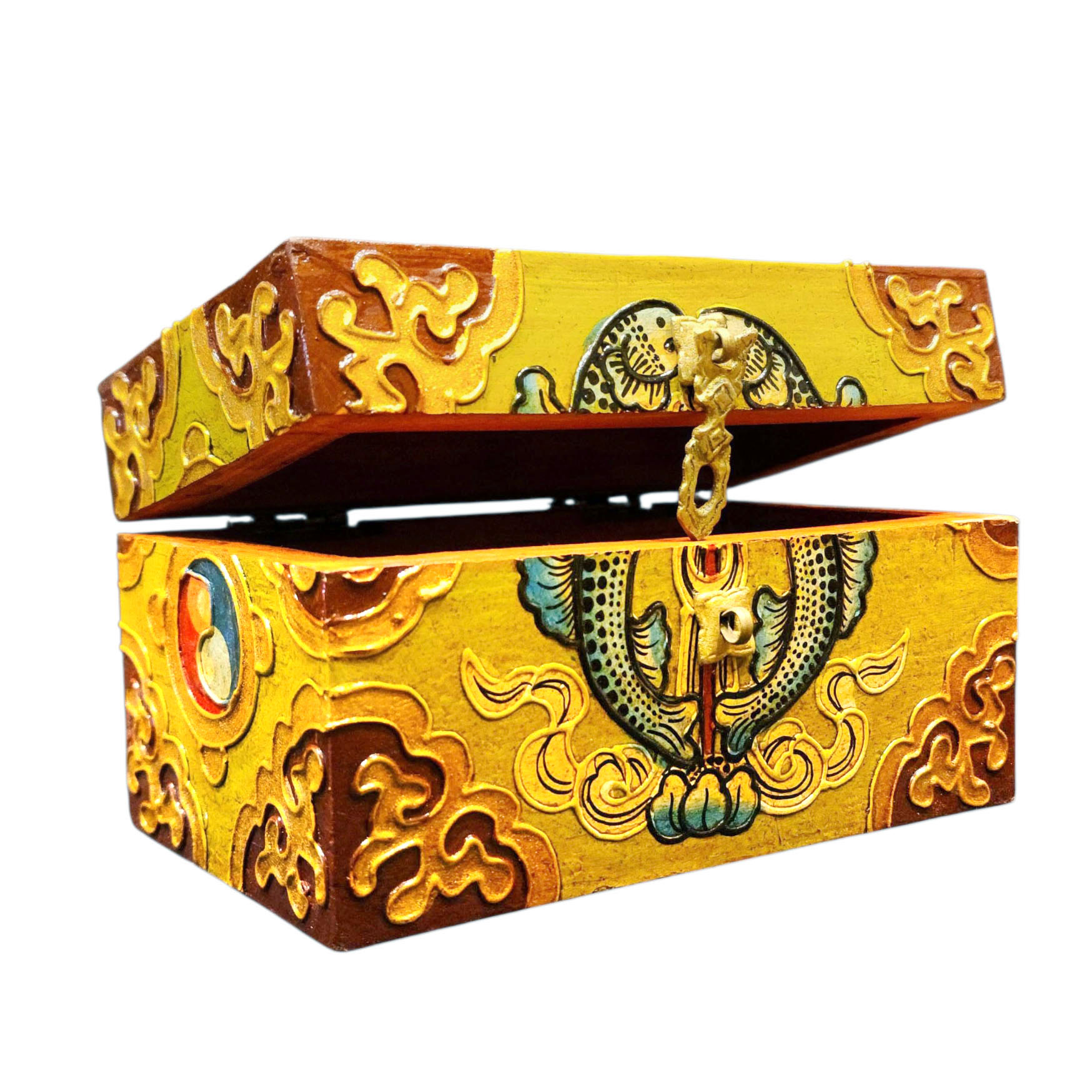 Buddhist Wooden Box With [fish] Design, Tibetan Style With Traditional Colors