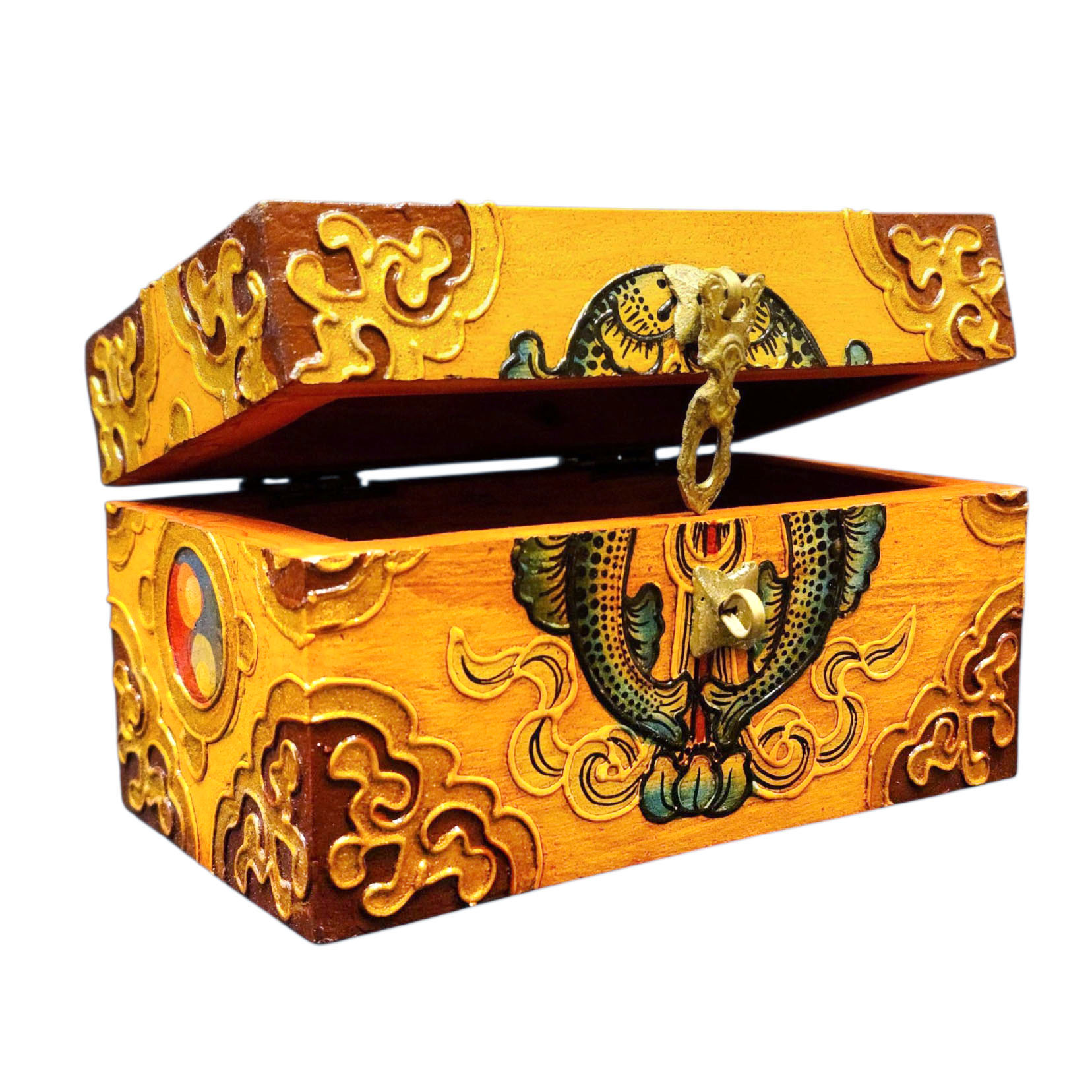 Buddhist Wooden Box With [fish] Design, Tibetan Style With Traditional Colors