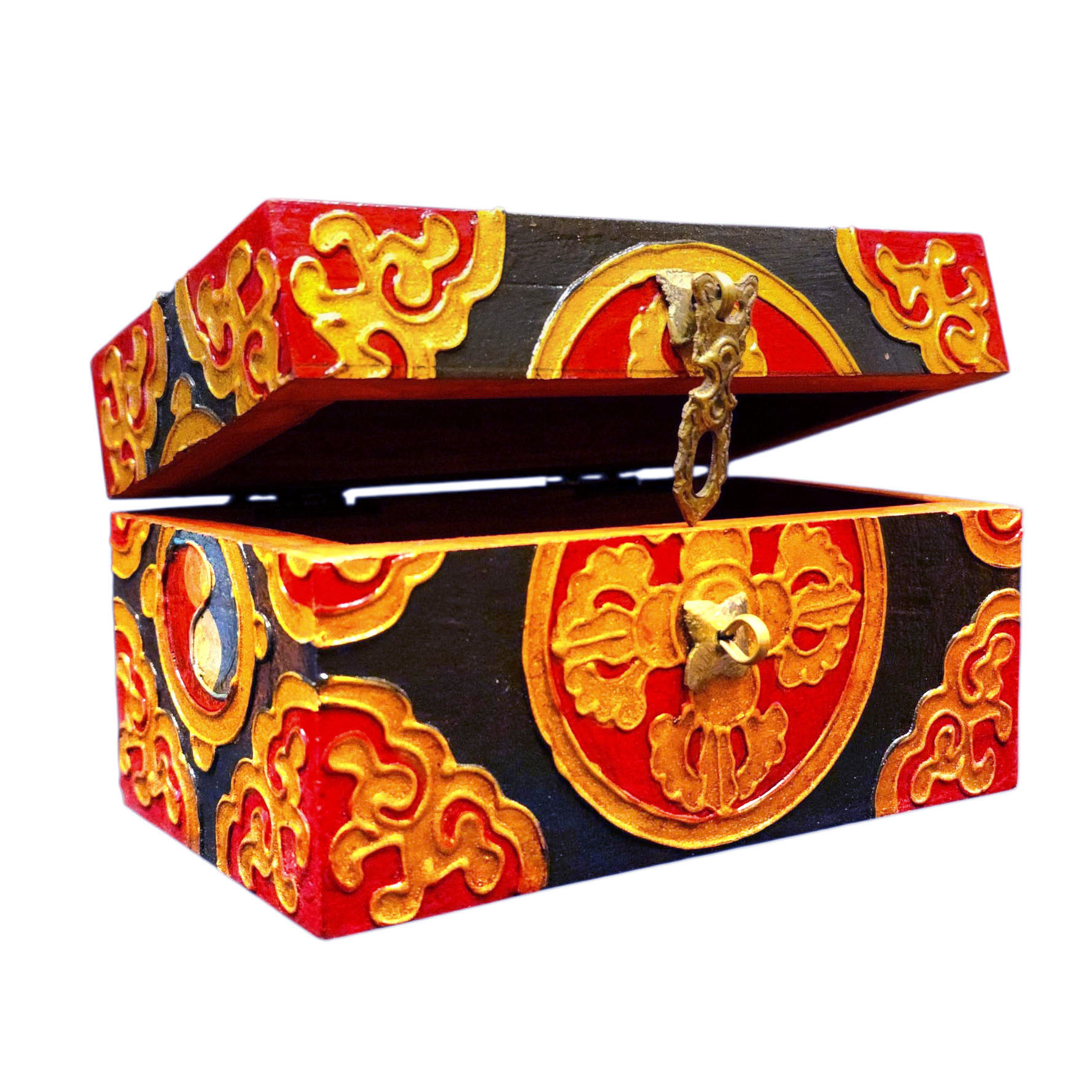 Buddhist Wooden Box With [double Dorje] Design, Tibetan Style With Traditional Colors