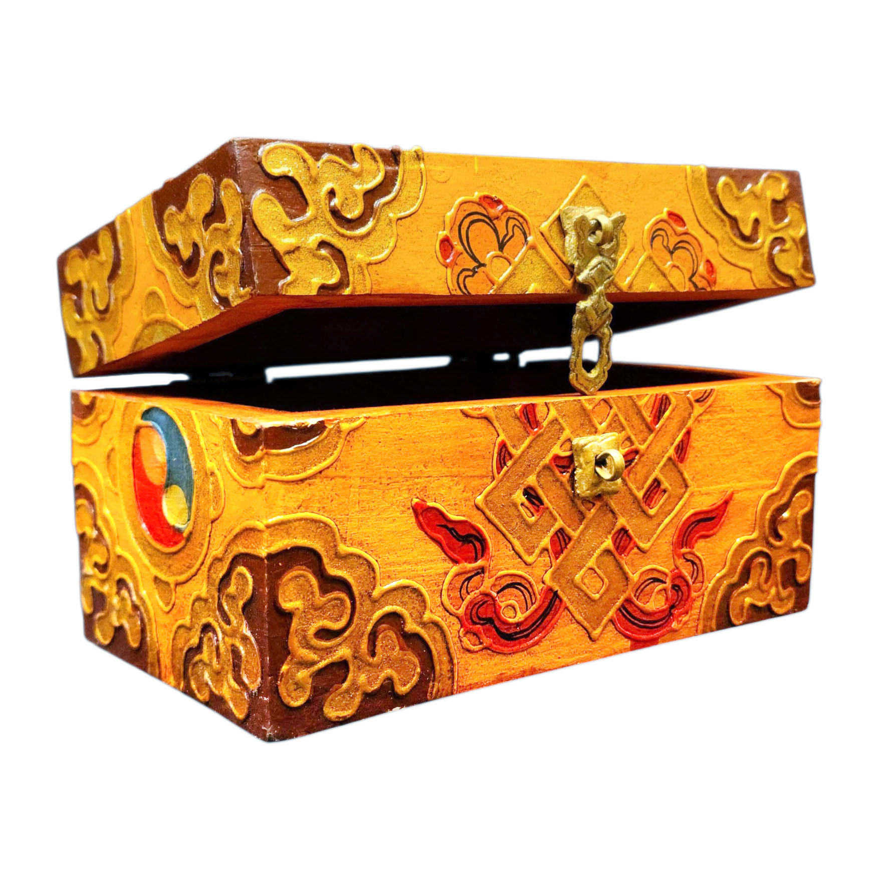 Buddhist Wooden Box With [endless Knot] Design, Tibetan Style With Traditional Colors