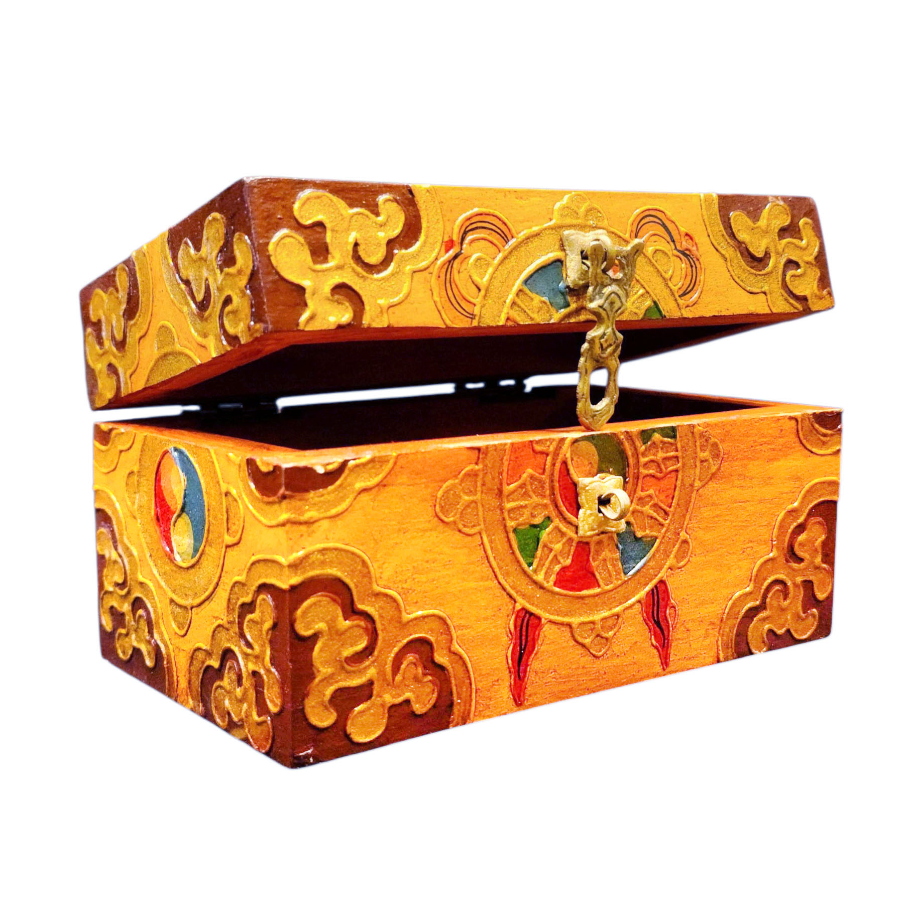 Buddhist Wooden Box With [dharmachakra] Design, Tibetan Style With Traditional Colors