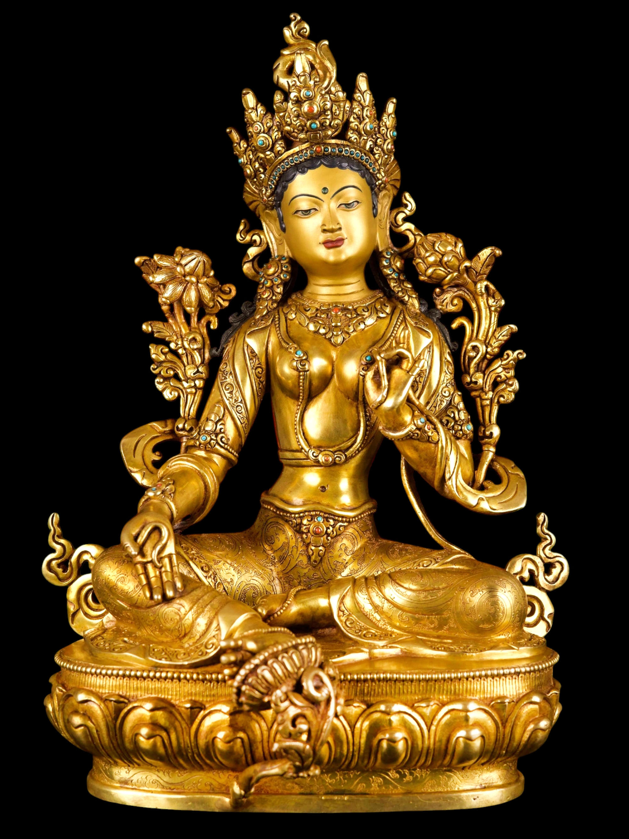 [green Tara], Buddhist Statue, [full Gold Plated], [face Painted]