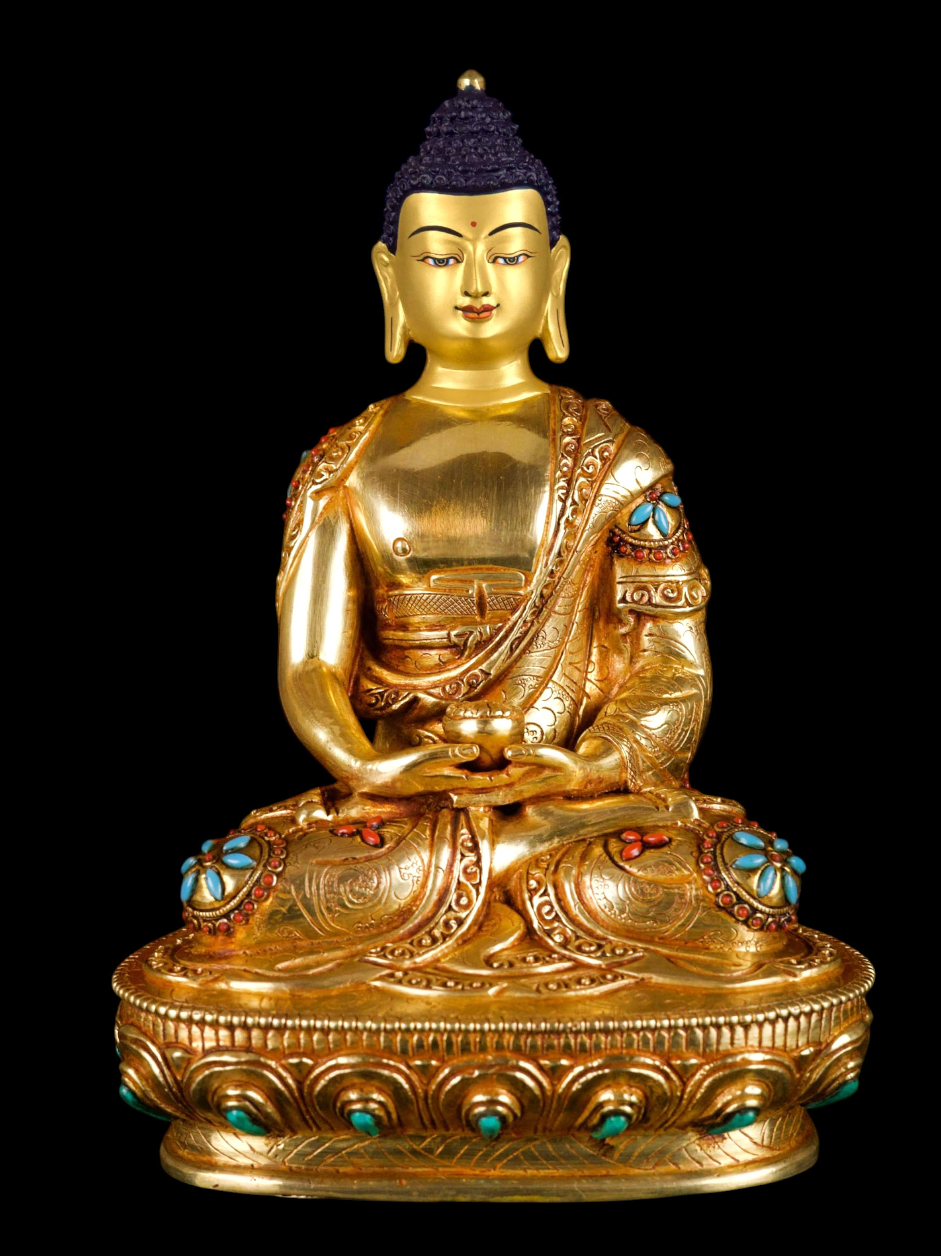 [amitabha Buddha], Buddhist Handmade Statue, [full Gold Plated], [stone Setting], [face Painted]