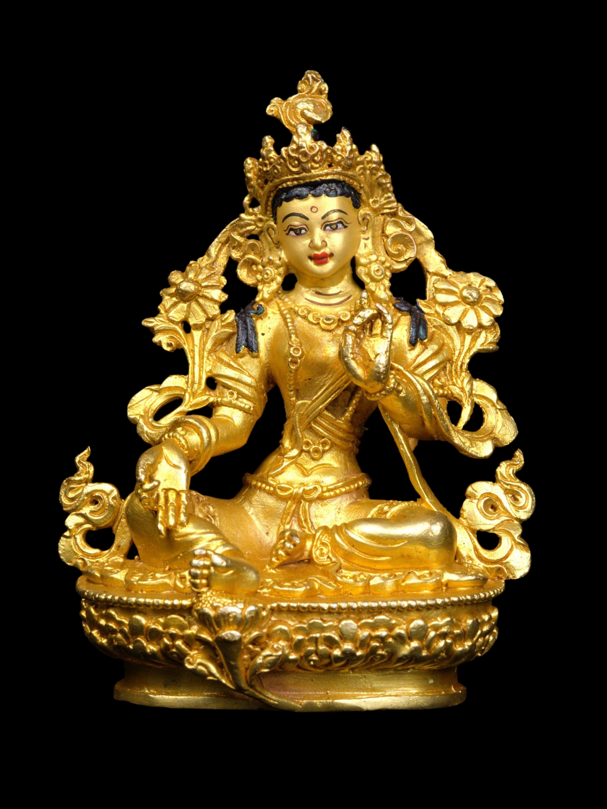 [green Tara], Buddhist Miniature Statue, [full Gold Plated], [face Painted]