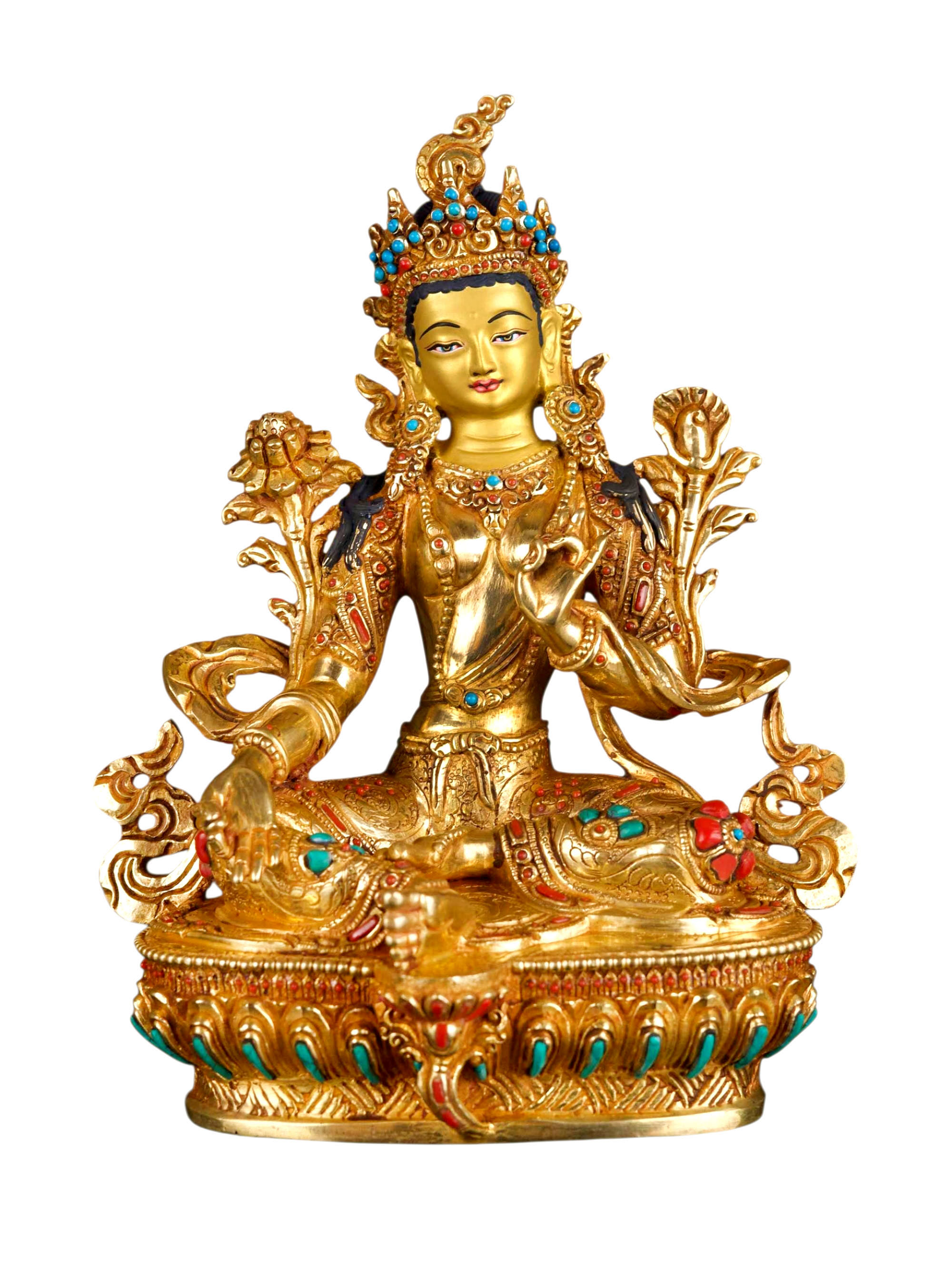 [green Tara], Buddhist Handmade Statue, [full Gold Plated], [stone Setting], [face Painted]