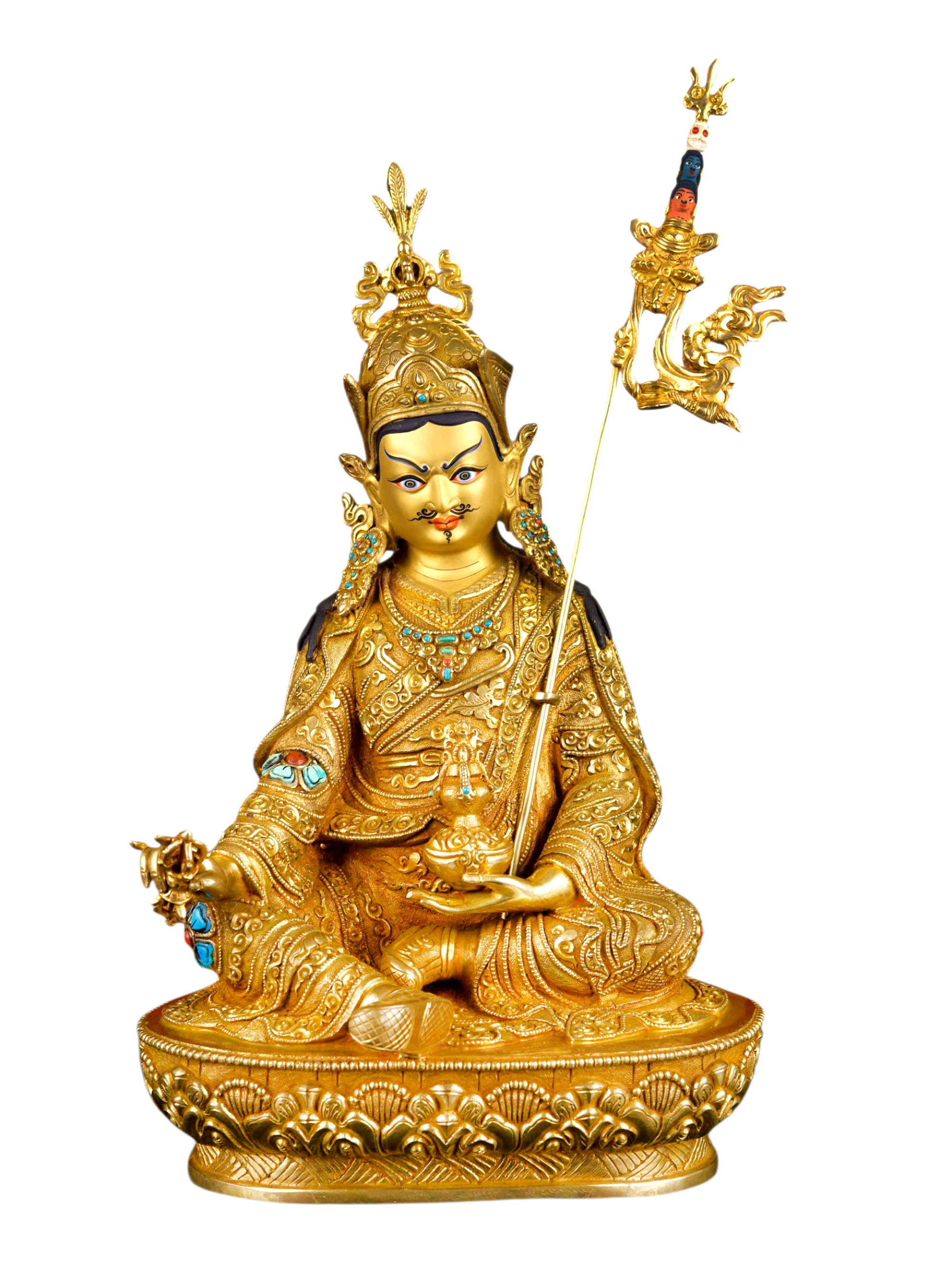 [padmasambhava  (guru)] Buddhist Handmade Statue, [full Gold Plated], [stone Setting],[face Painted]