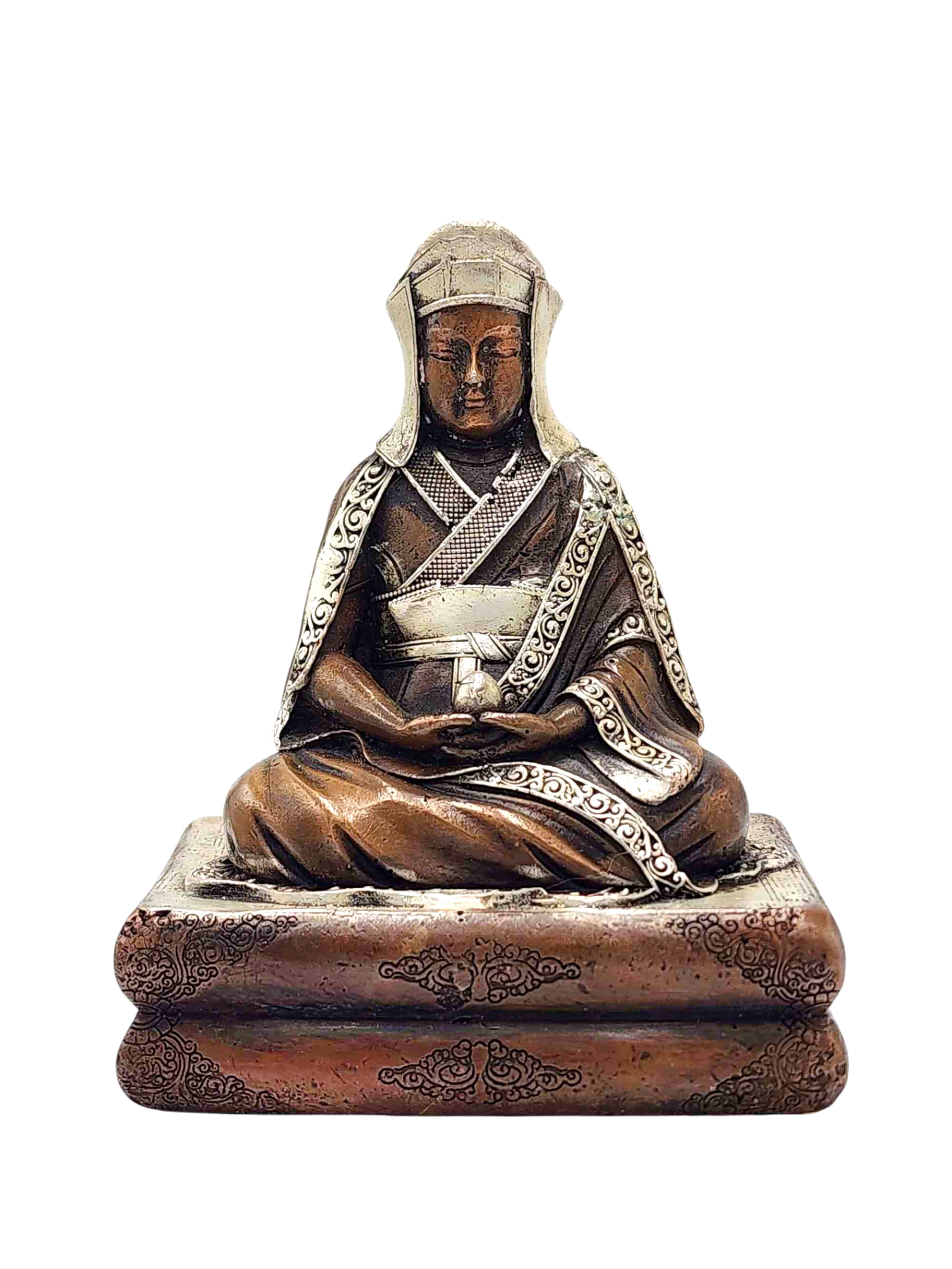 [gampopa], Buddhist Miniature Statue, [silver And Chocolate Oxidized]