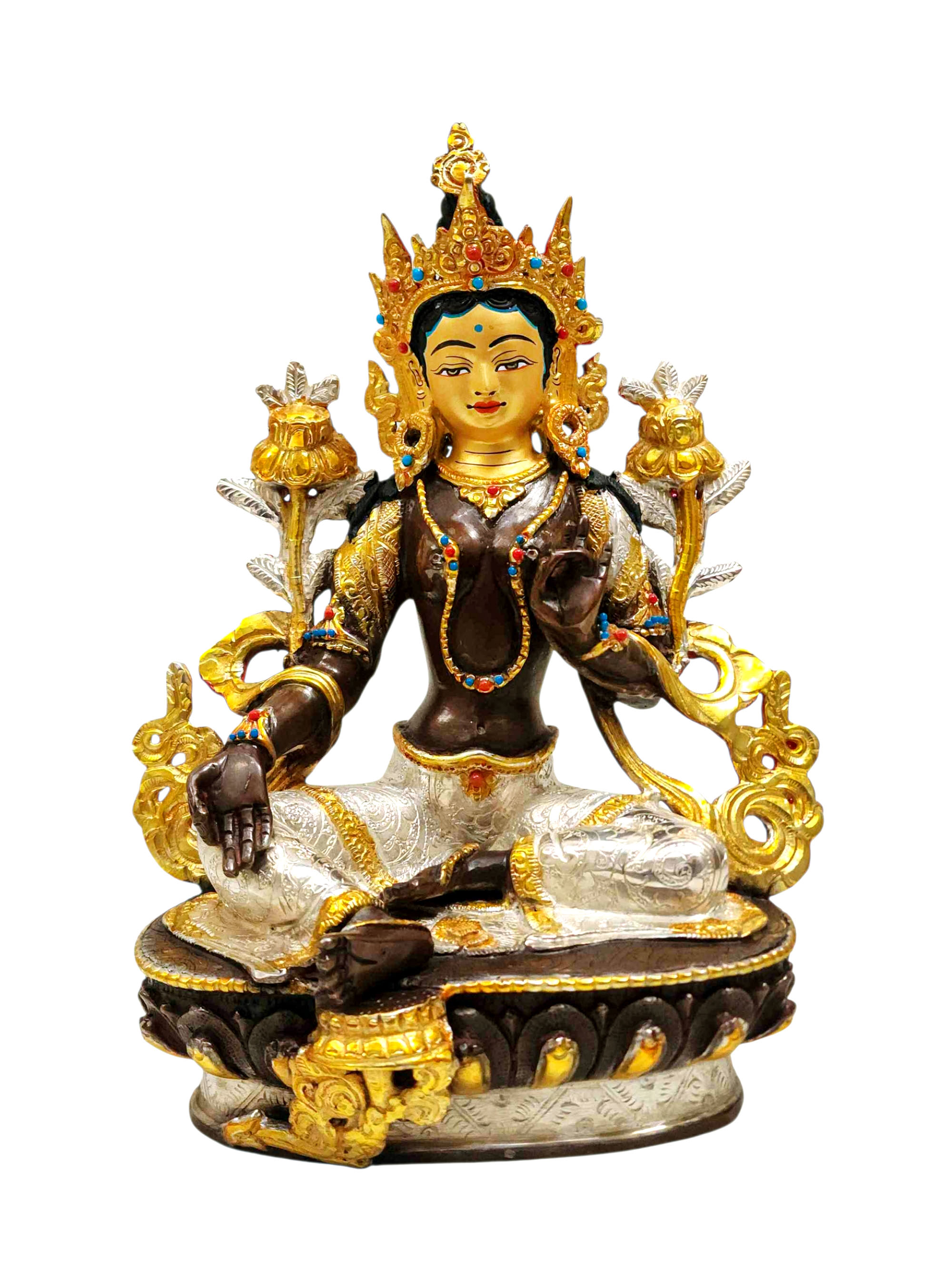 [green Tara], Buddhist Handmade Statue, [chocolate And Silver Oxidized With Extra Gold Plated], [stone Setting], [face Painted]