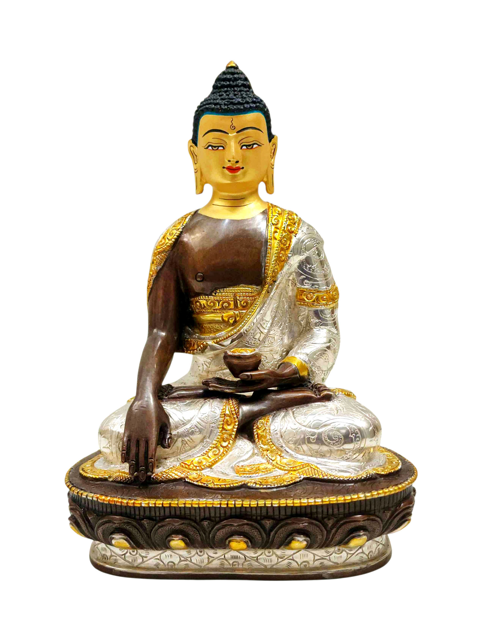 [shakyamuni Buddha], Buddhist Handmade Statue, [chocolate And Silver Oxidized With Extra Gold Plated], [face Painted]