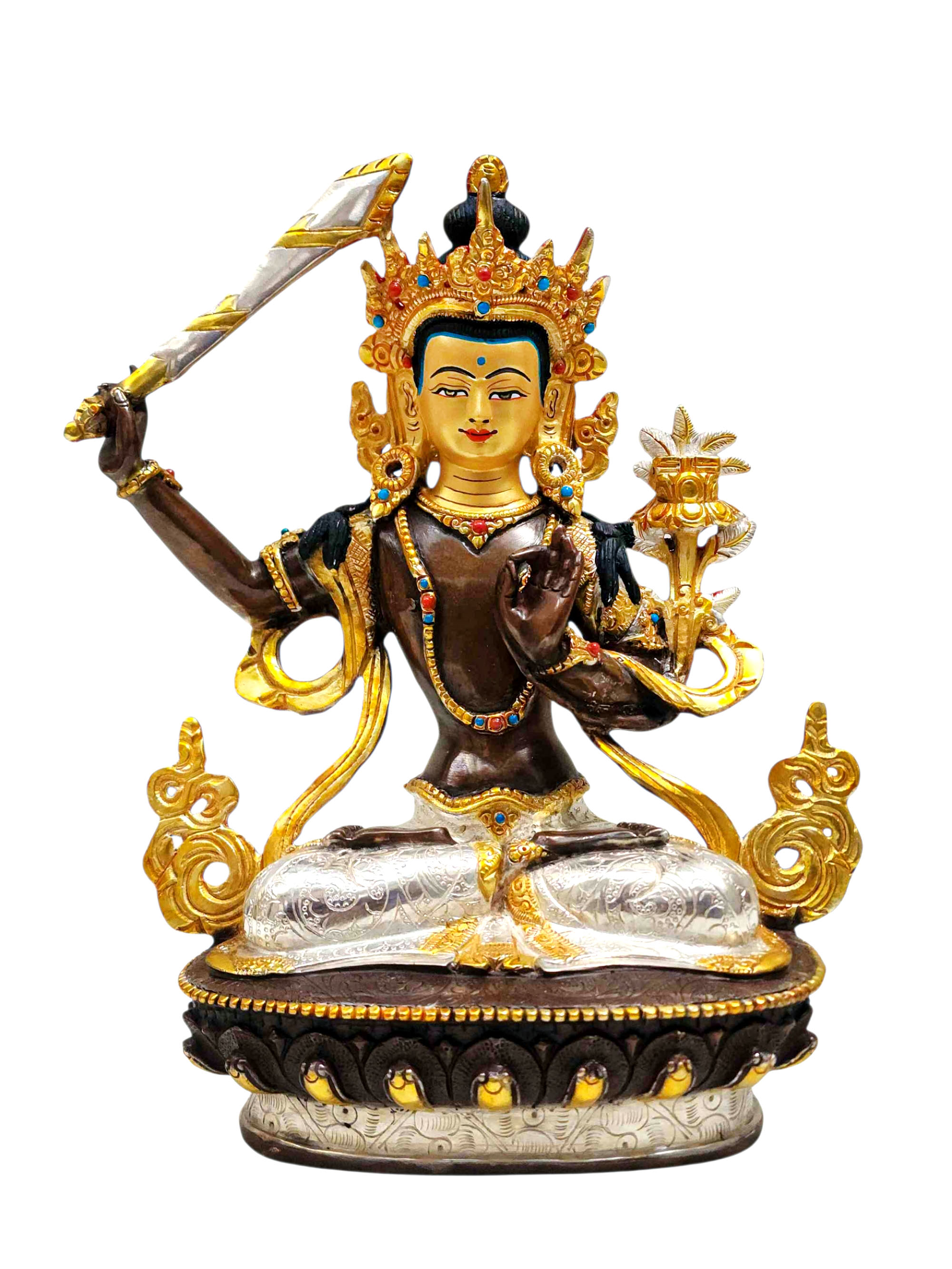[manjushri] Or [manjushree], Buddhist Handmade Statue, [chocolate And Silver Oxidized With Extra Gold Plated], [stone Setting], [face Painted]
