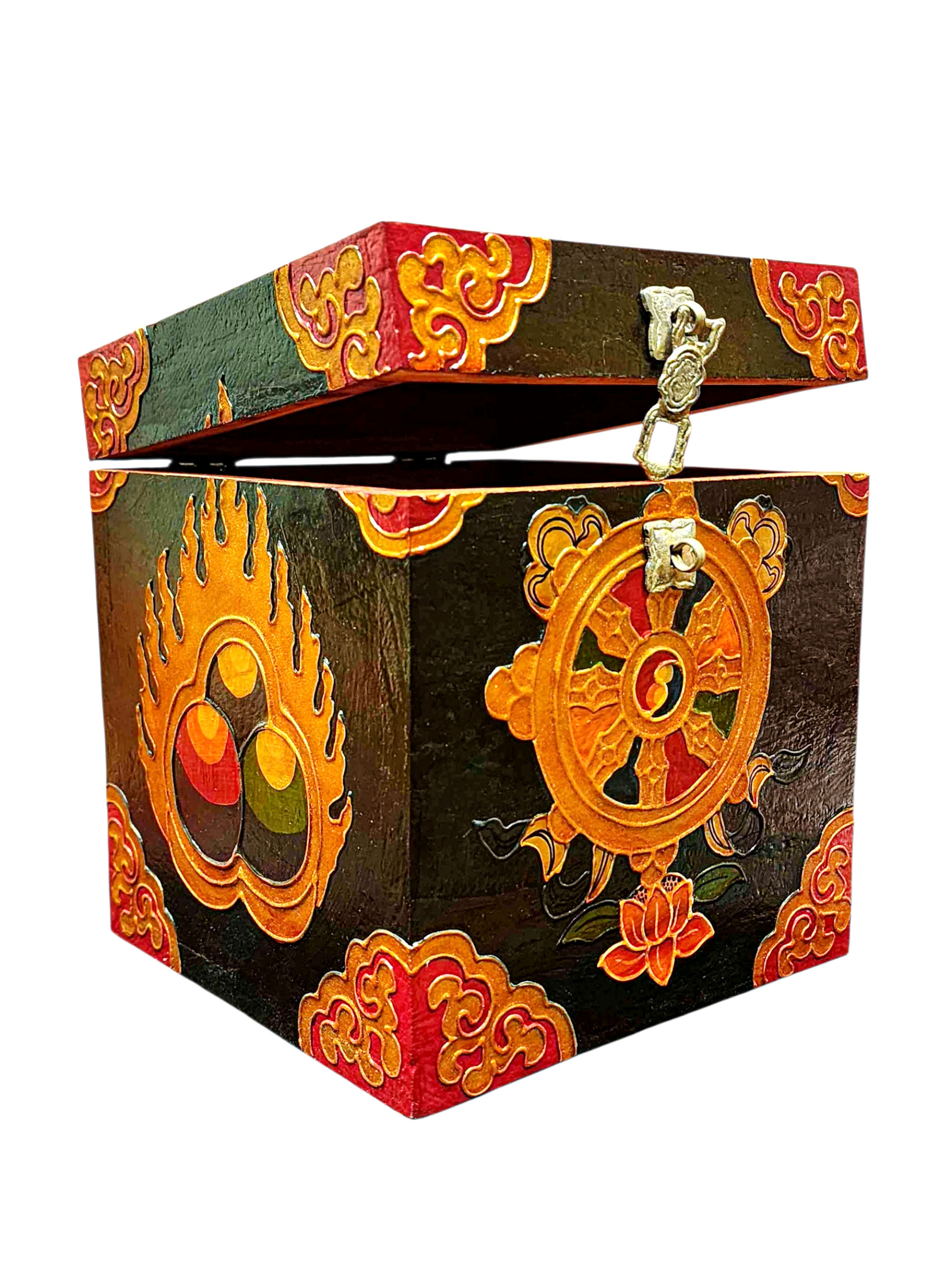 Buddhist Wooden Box With [dharmachakra], Tibetan Style With Traditional Colors