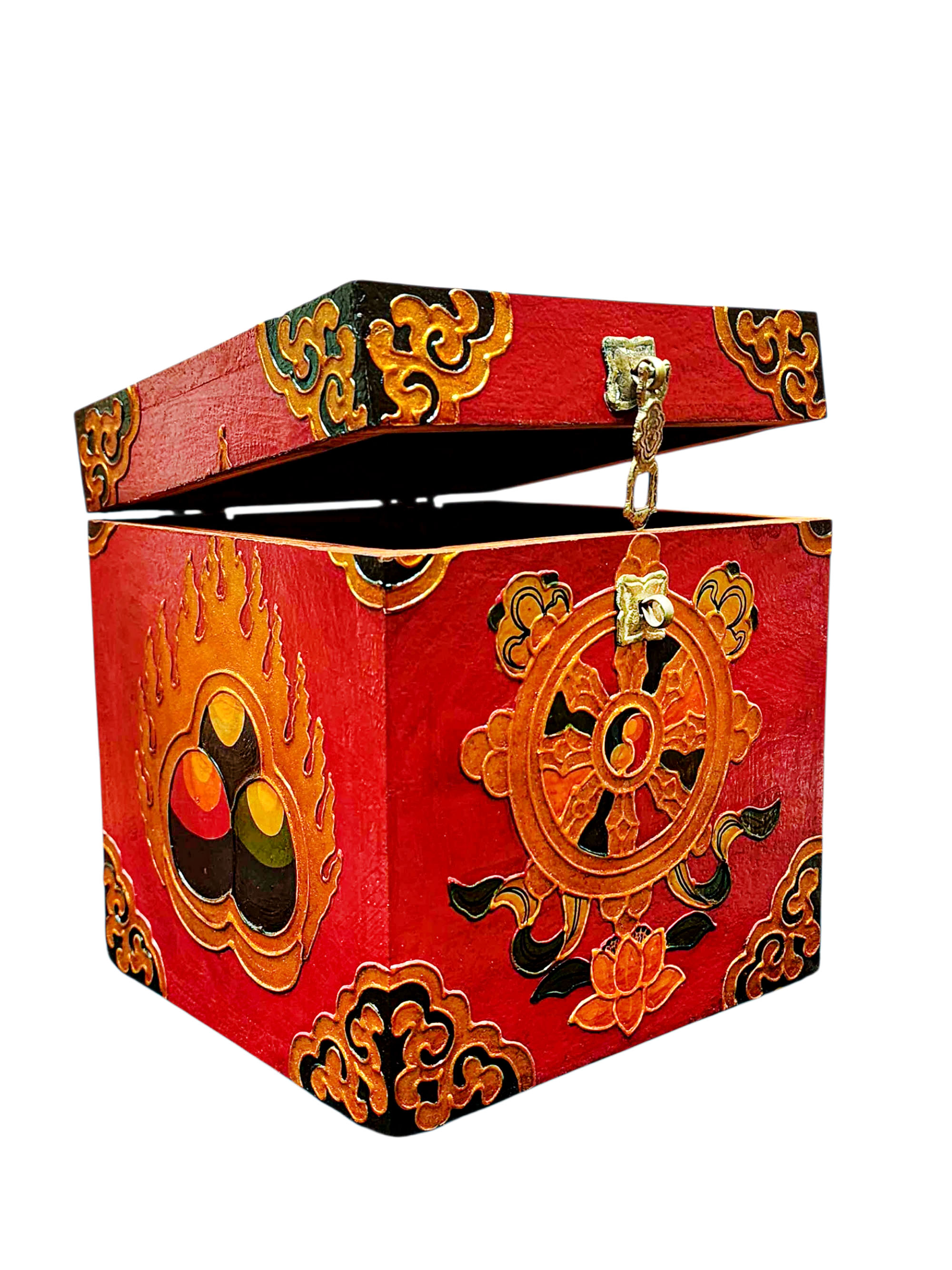 Buddhist Wooden Box With [dharmachakra], Tibetan Style With Traditional Colors