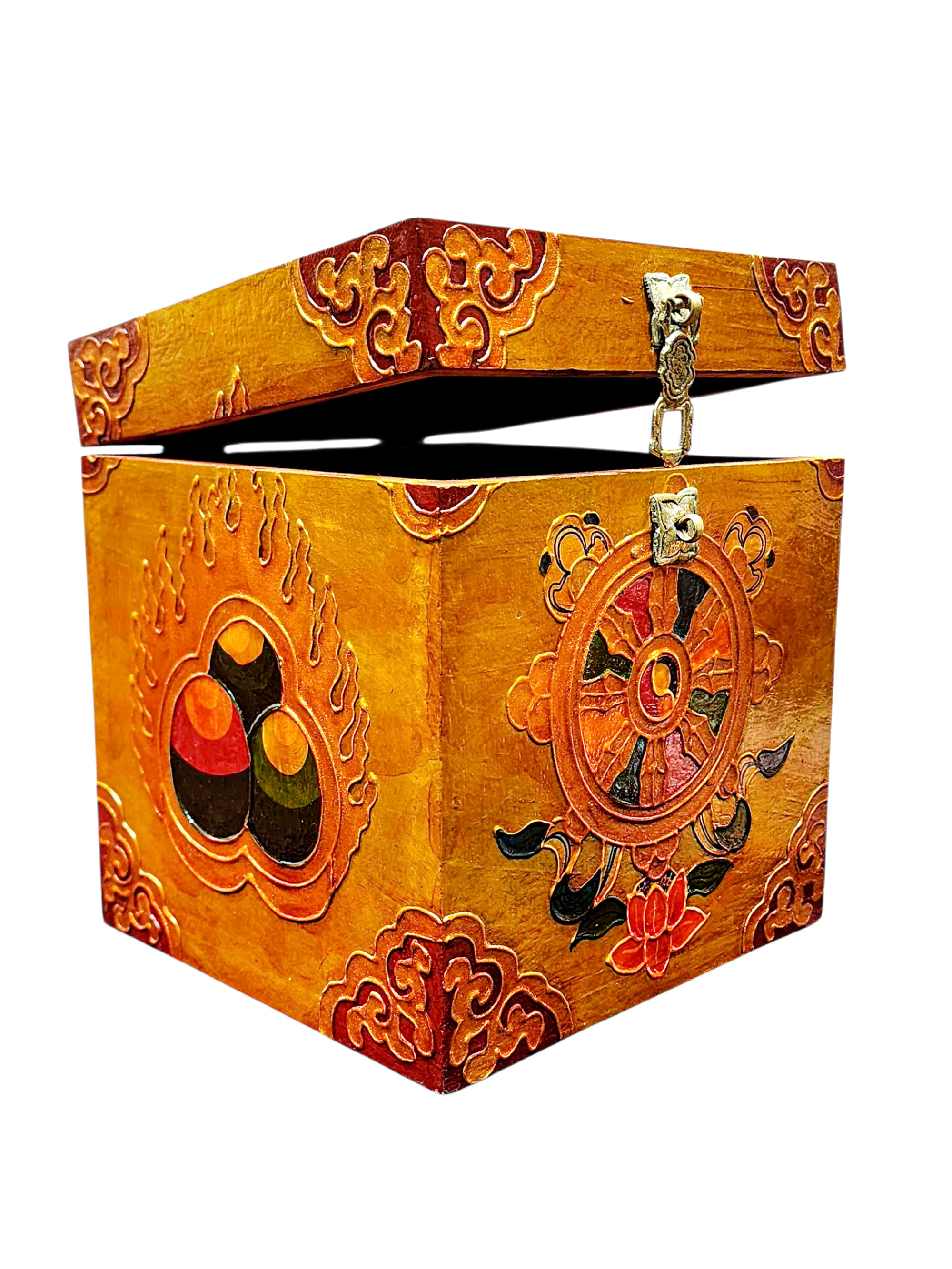 Buddhist Wooden Box With [dharmachakra], Tibetan Style With Traditional Colors