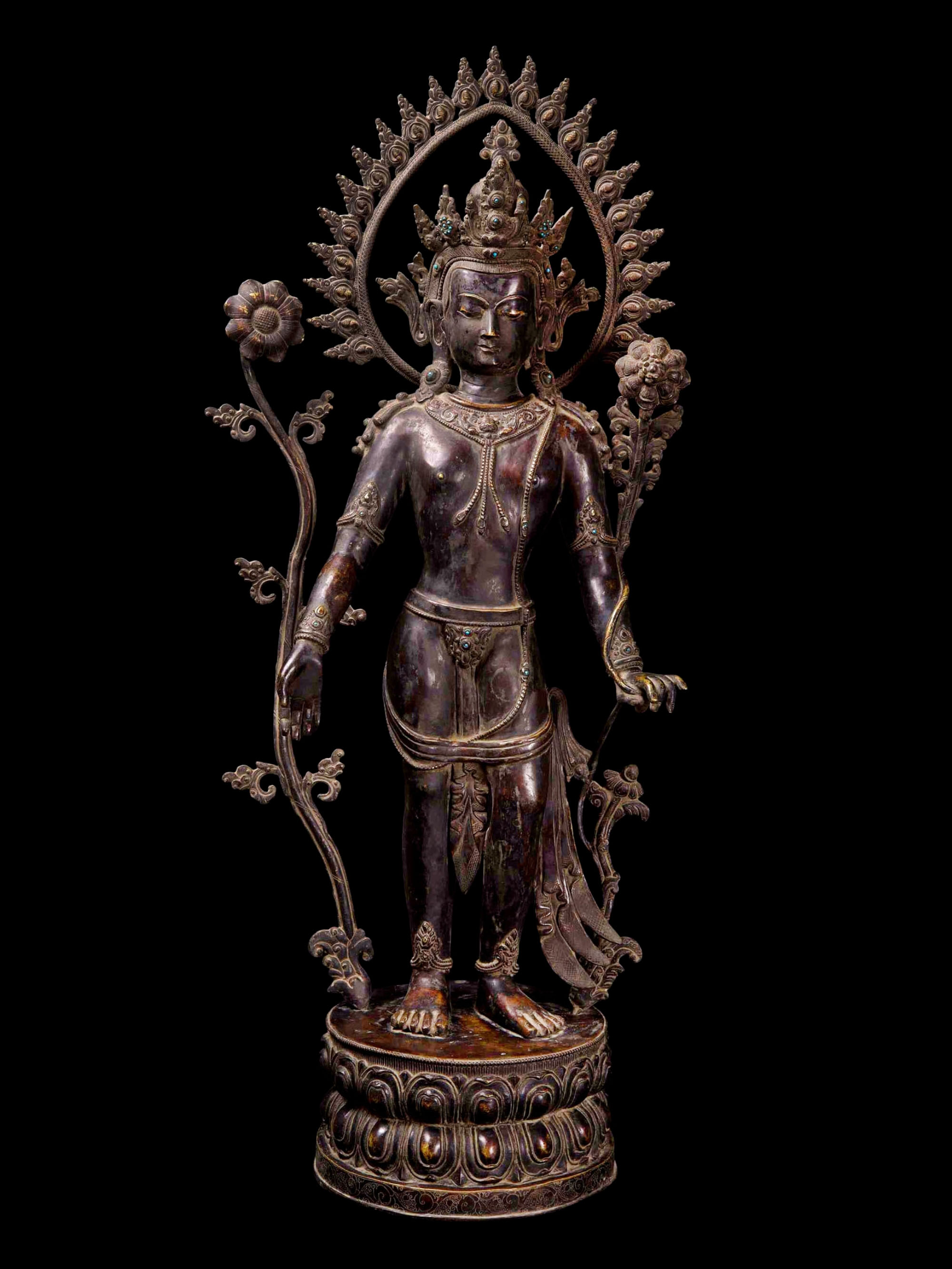 [padmapani Lokeshvara], Buddhist Handmade Statue, [chocolate Oxiidzed], [stone Setting]
