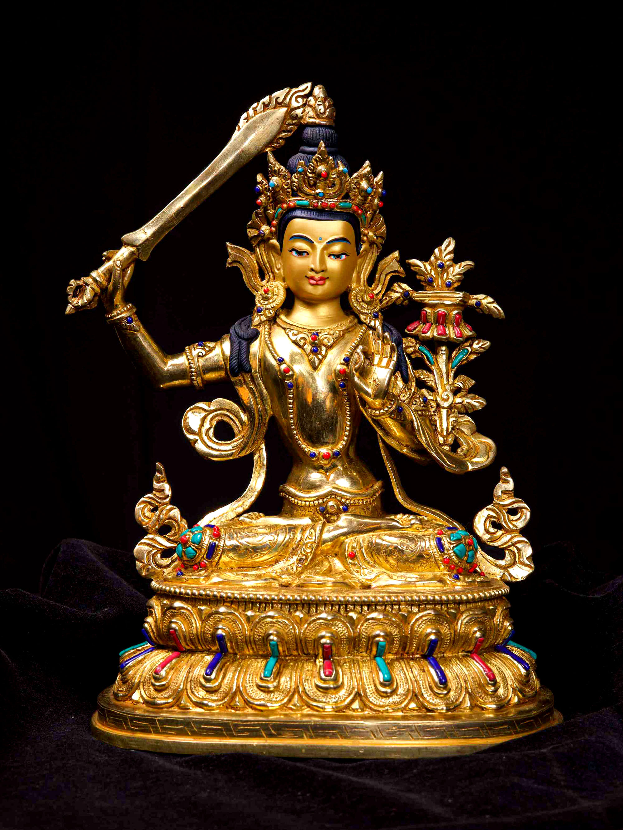 [manjushi Or Manjushree], Buddhist Handmade Statue, [full Gold Plated], [stone Setting], [face Painted]
