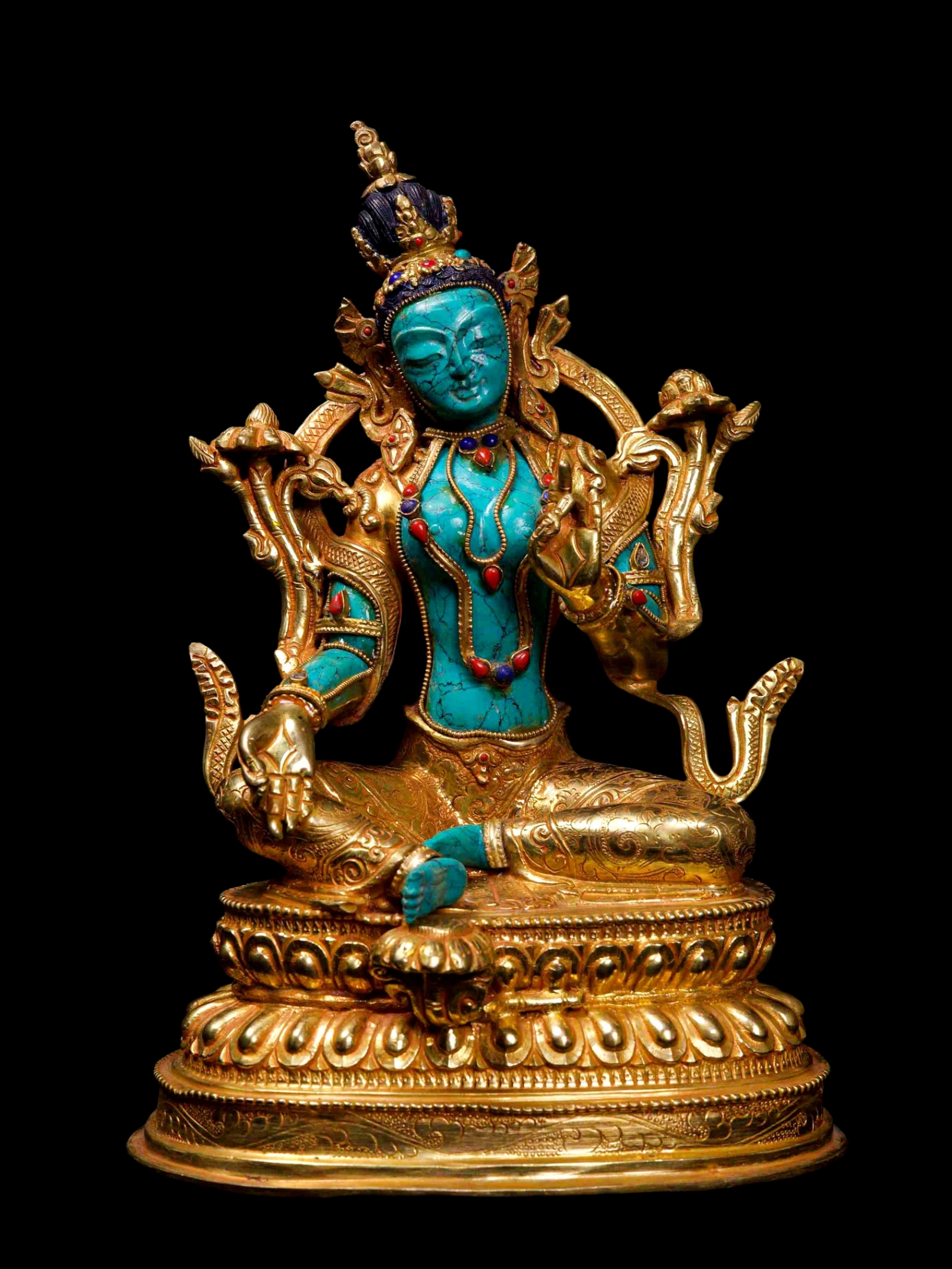 [green Tara], Buddhist Handmade Statue, [full Gold Plated], [stone Setting], [face Painted]