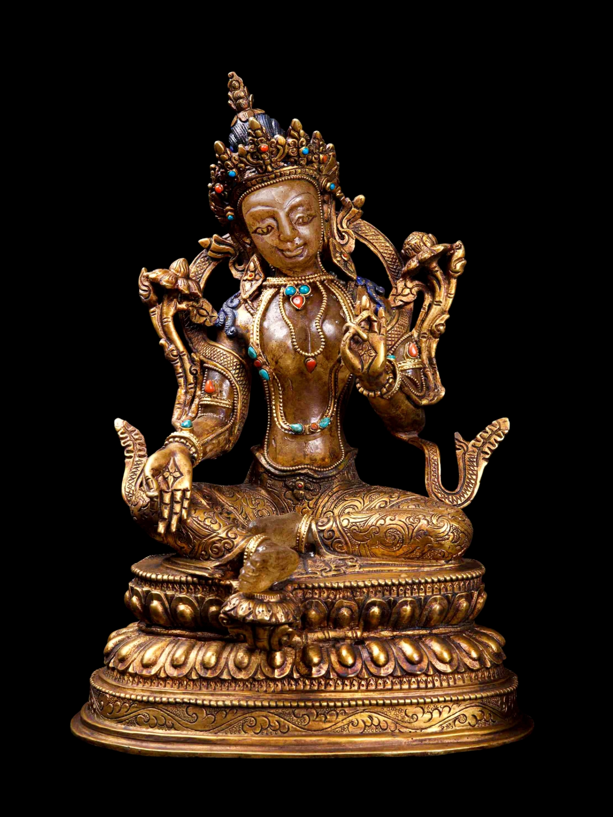 [green Tara], Buddhist Handmade Statue, [full Gold Plated], [stone Setting], [thangka Color Finishing]