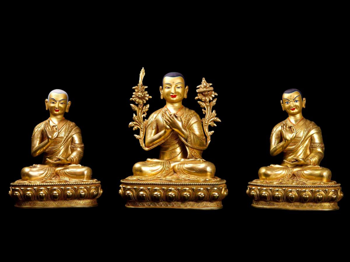 [tsongkhapa Set], Buddhist Handmade Statue, [full Gold Plated], [face Painted]
