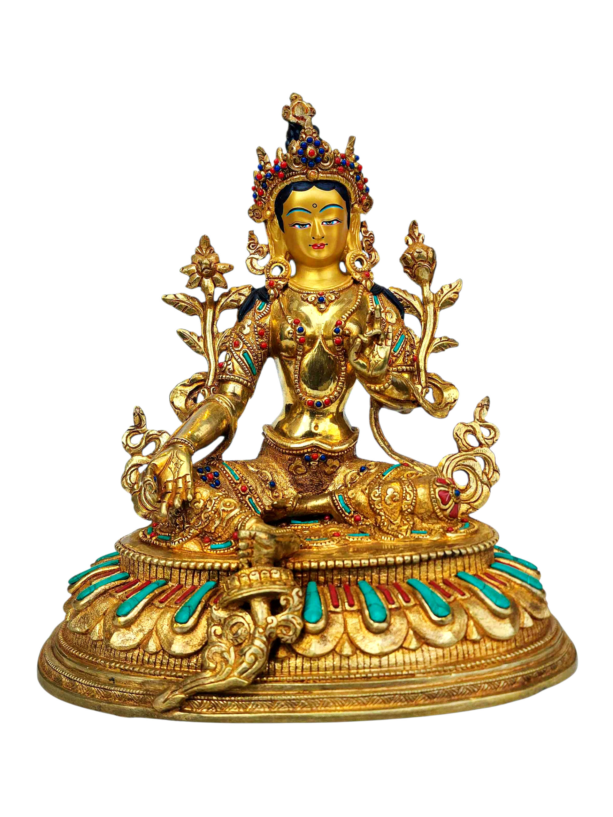 [green Tara], Buddhist Handmade Statue, [full Gold Plated], [stone Setting], [face Painted]