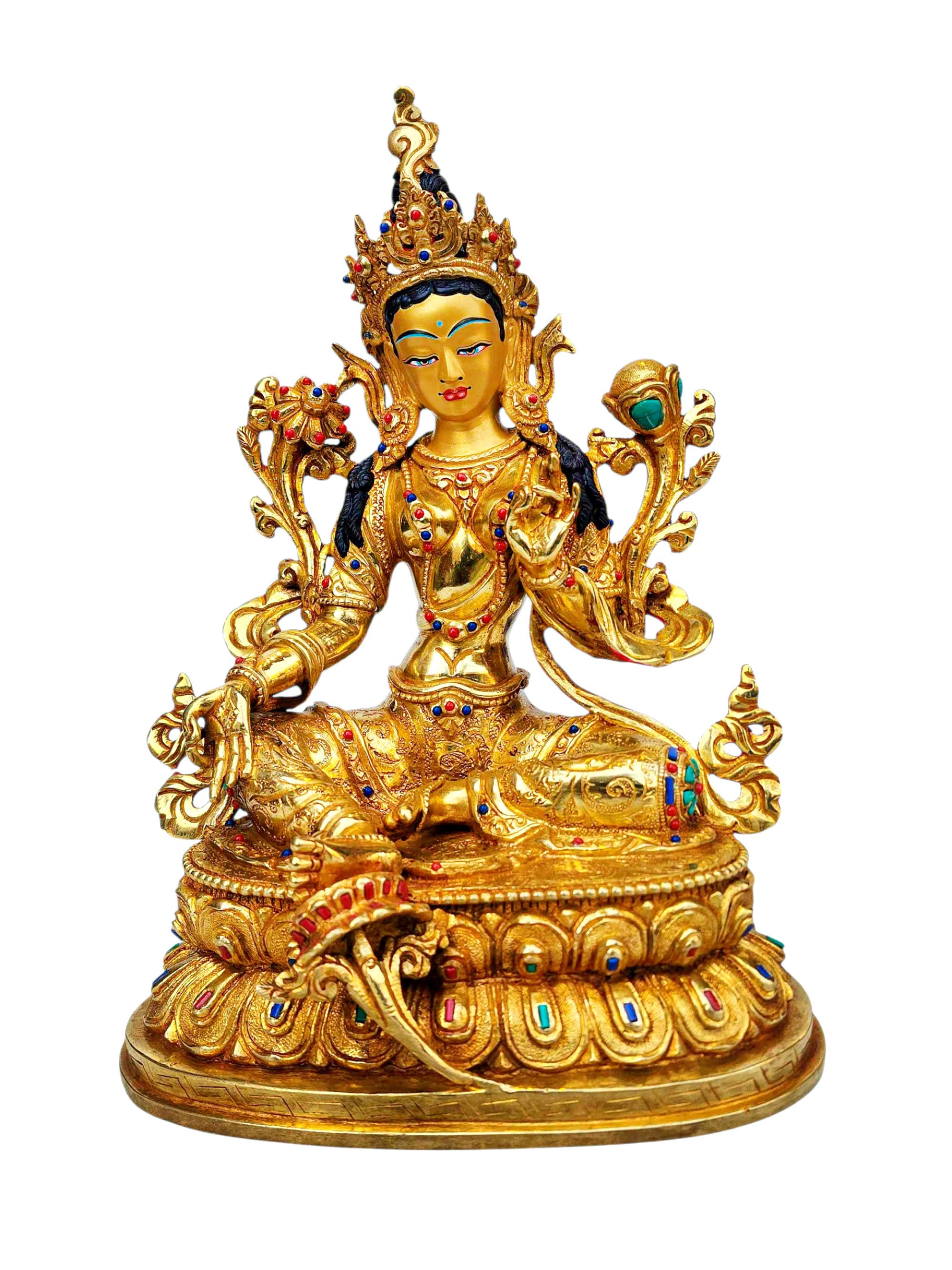 [green Tara], Buddhist Handmade Statue, [full Gold Plated], [stone Setting], [face Painted]