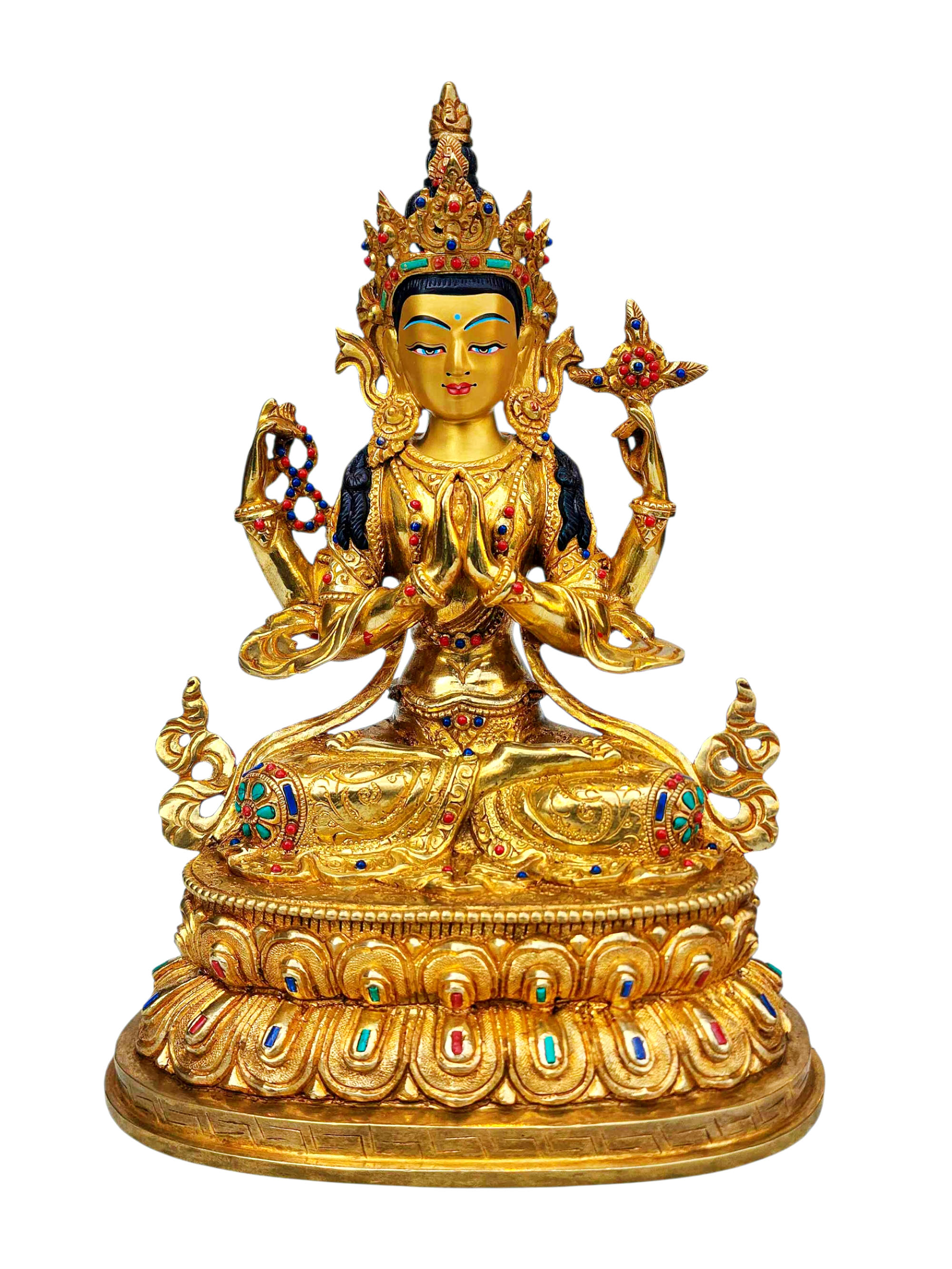[chenrezig], Buddhist Handmade Statue, [full Gold Plated], [stone Setting], [face Painted]