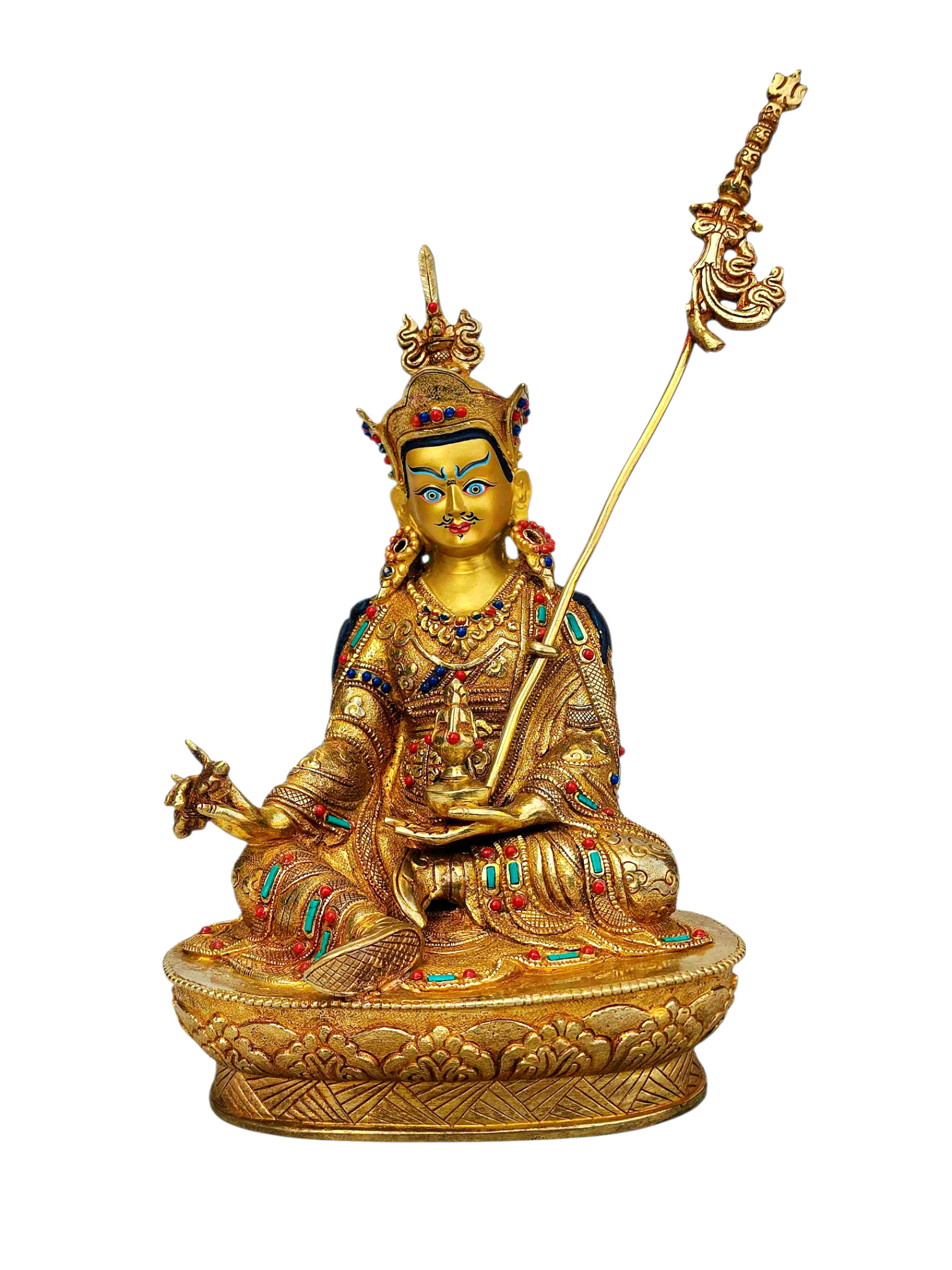 [padmasambhava], Buddhist Handmade Statue, [full Gold Plated], [stone Setting], [face Painted]