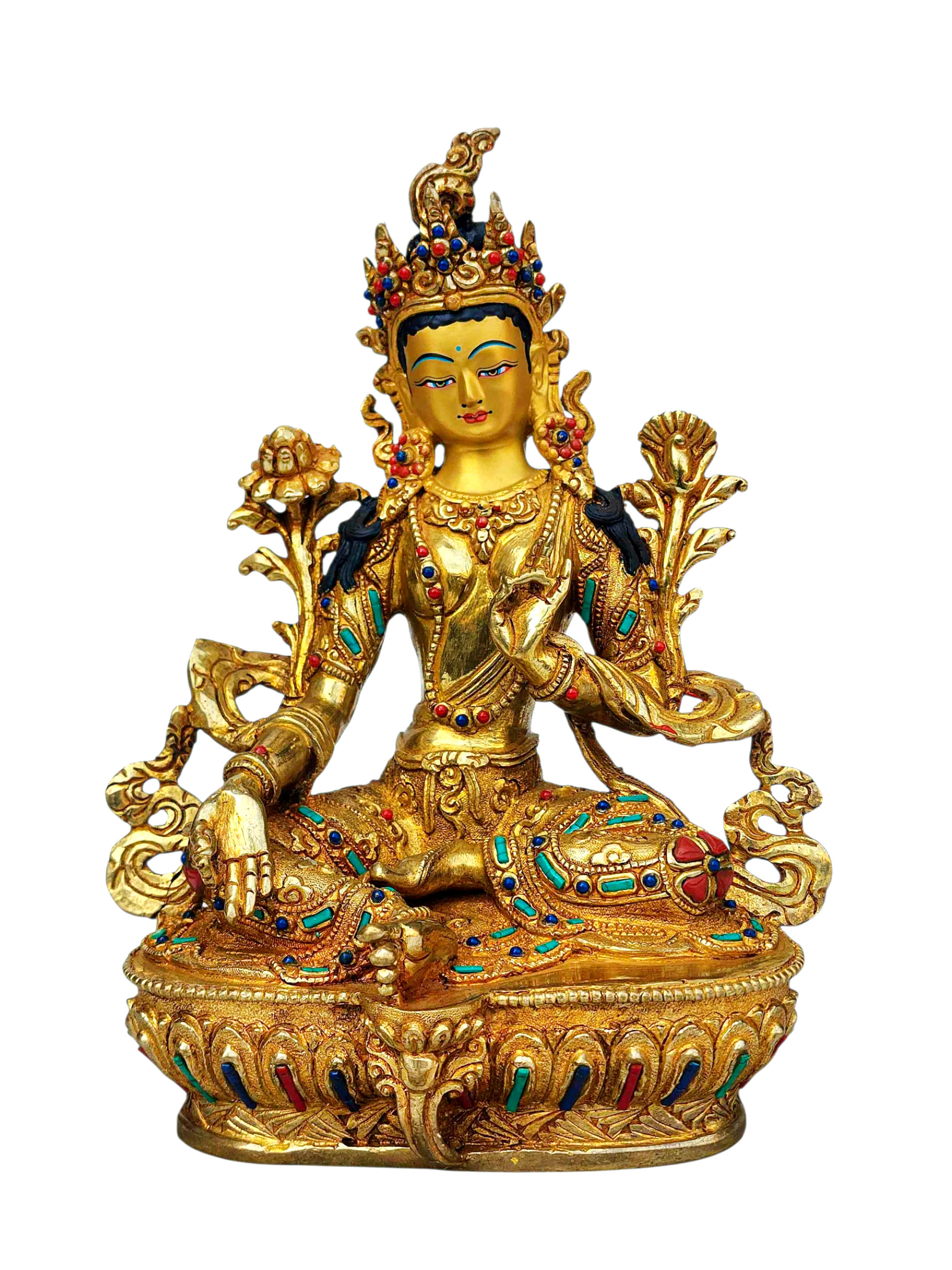 [green Tara], Buddhist Handmade Statue, [full Gold Plated], [stone Setting], [face Painted]