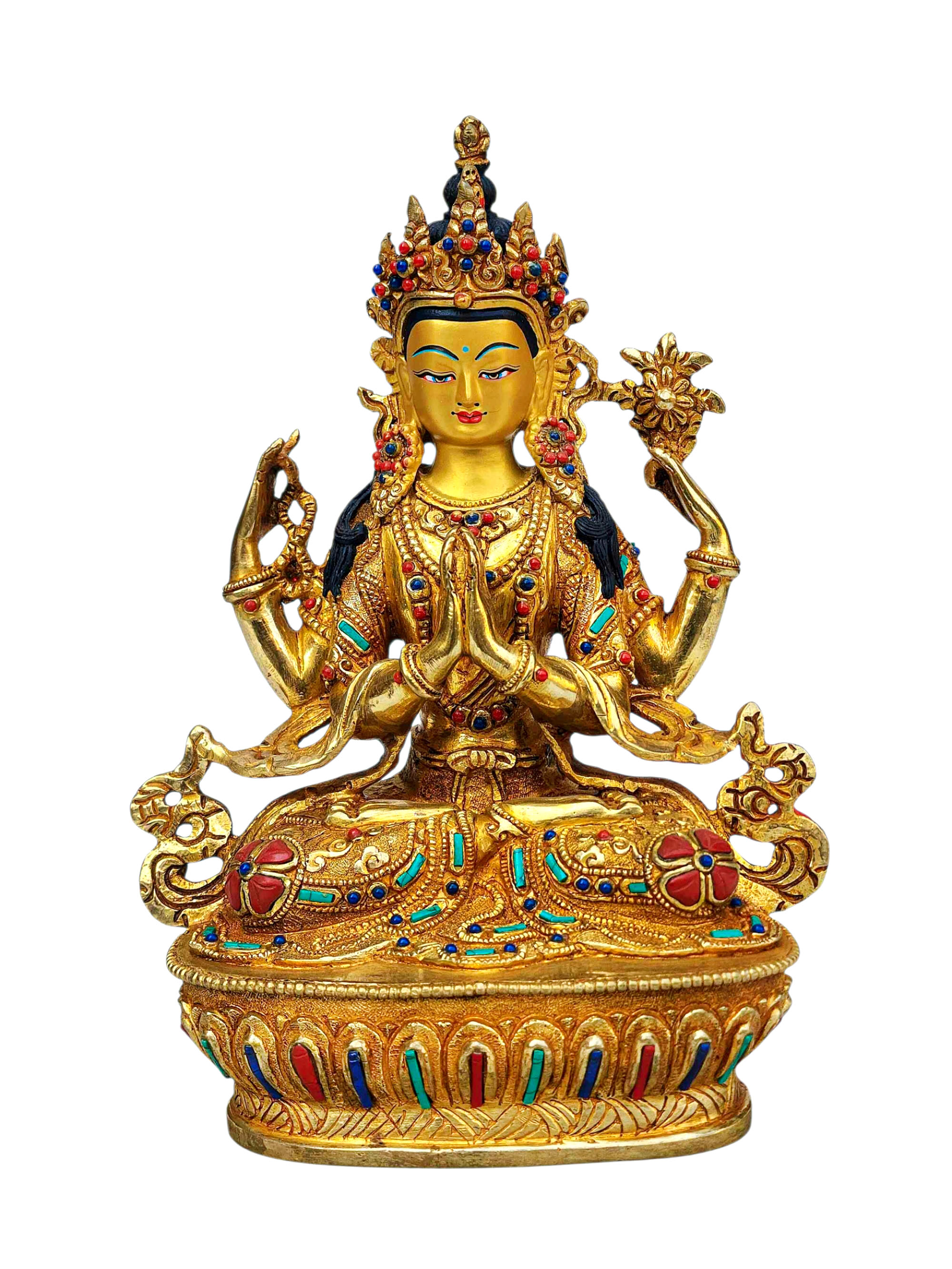 [chenrezig], Buddhist Handmade Statue, [full Gold Plated], [stone Setting], [face Painted]
