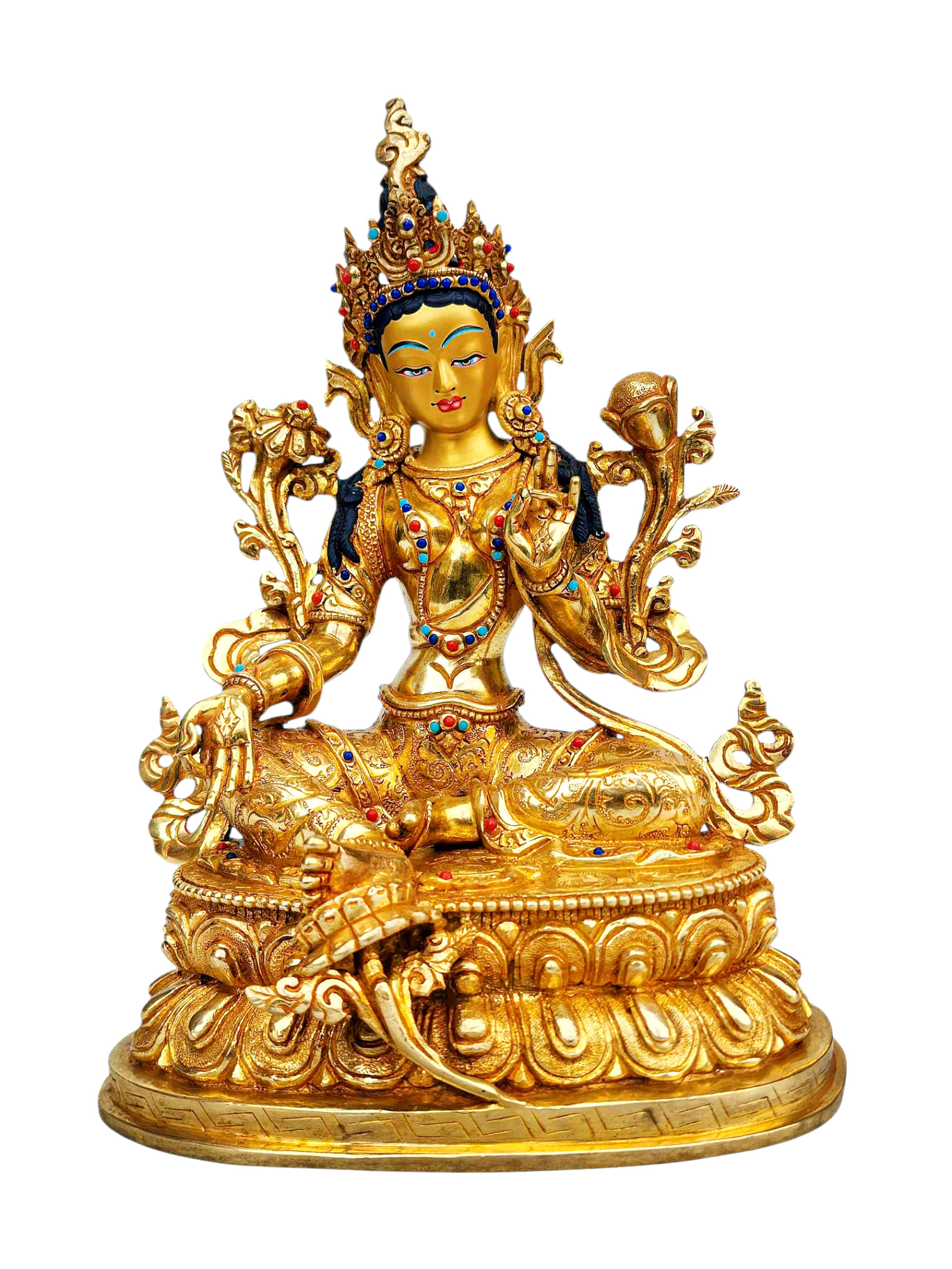 [green Tara], Buddhist Handmade Statue, [full Gold Plated], [stone Setting], [face Painted]
