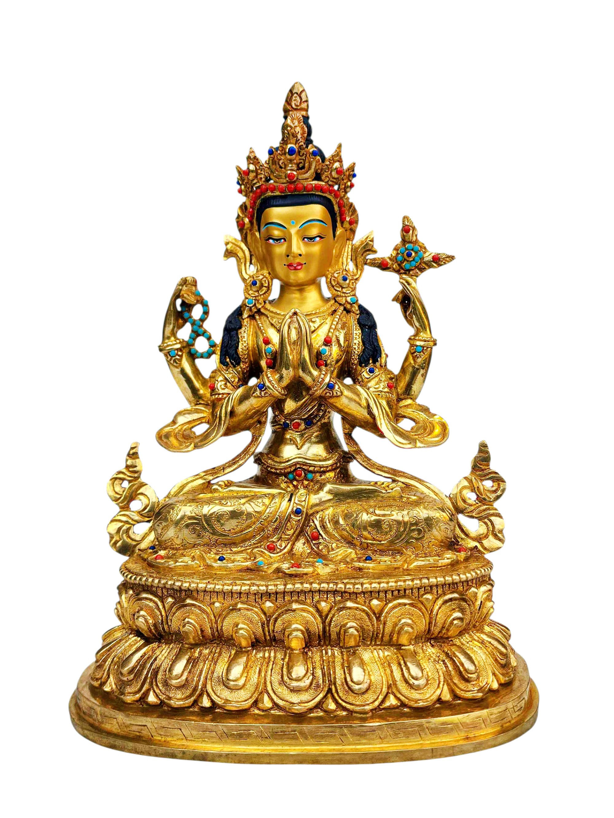 [chenrezig], Buddhist Handmade Statue, [full Gold Plated], [stone Setting], [face Painted]