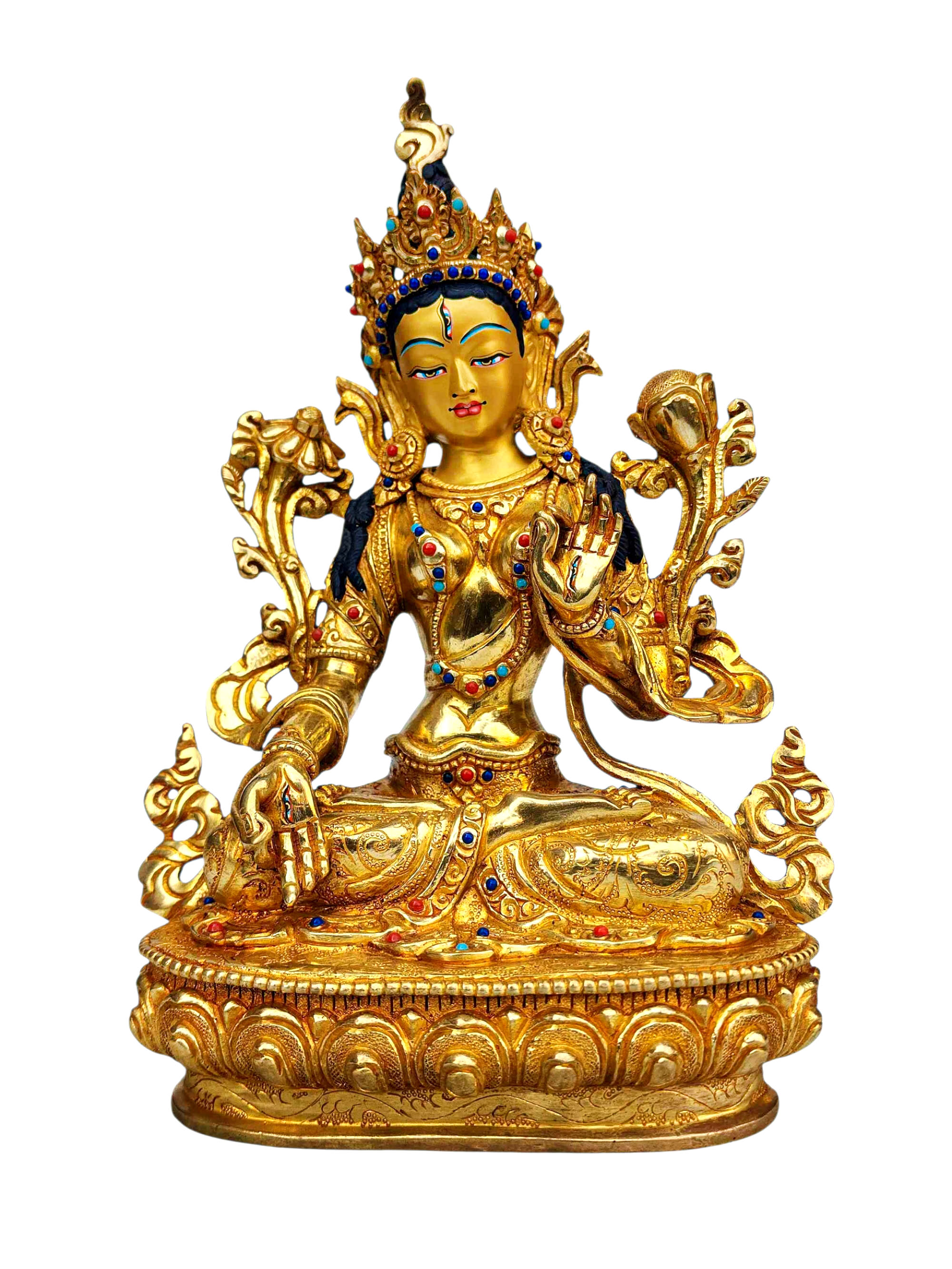 [white Tara], Buddhist Handmade Statue, [full Gold Plated], [stone Setting], [face Painted]