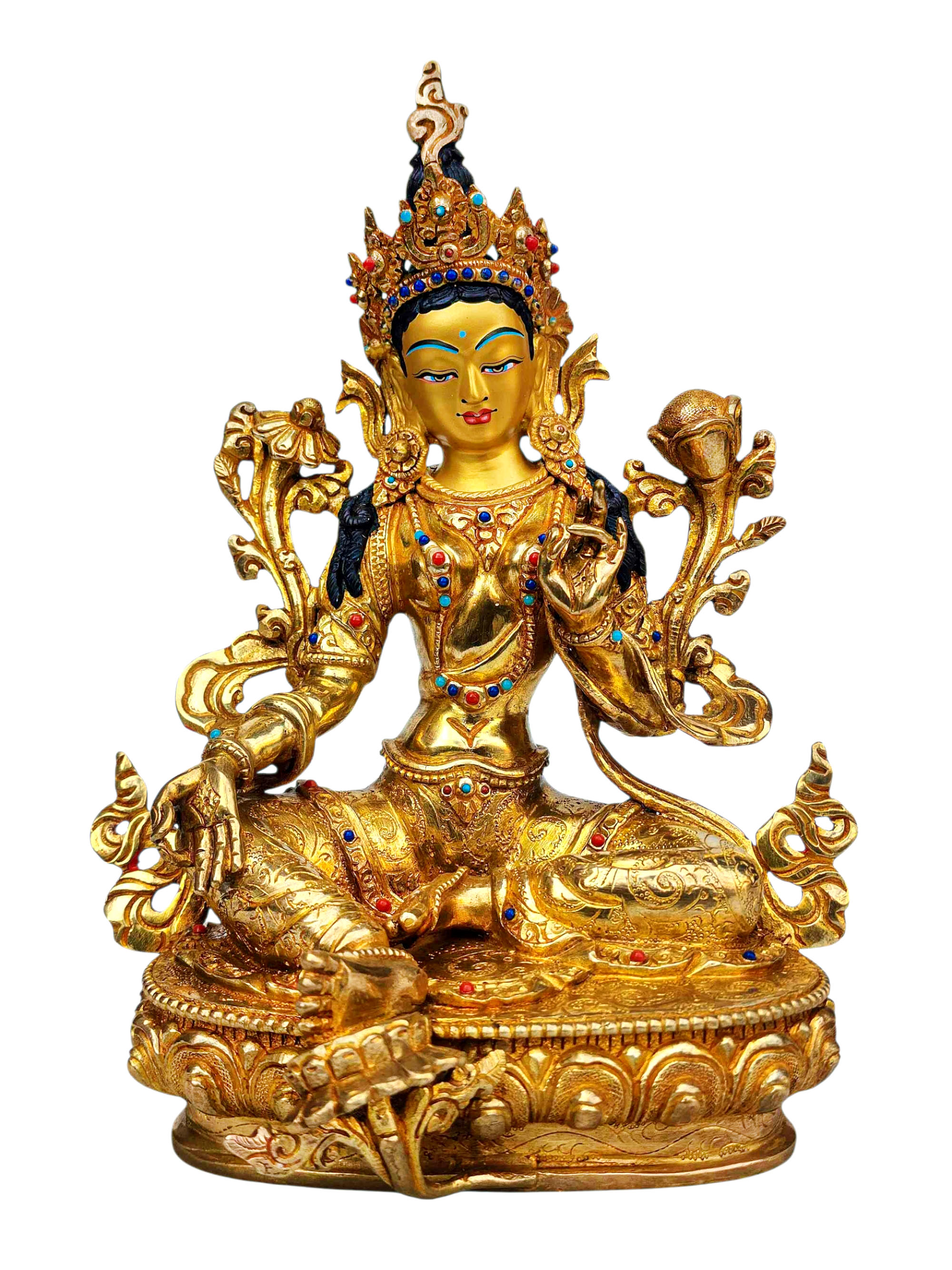 [green Tara], Buddhist Handmade Statue, [full Gold Plated], [stone Setting], [face Painted]