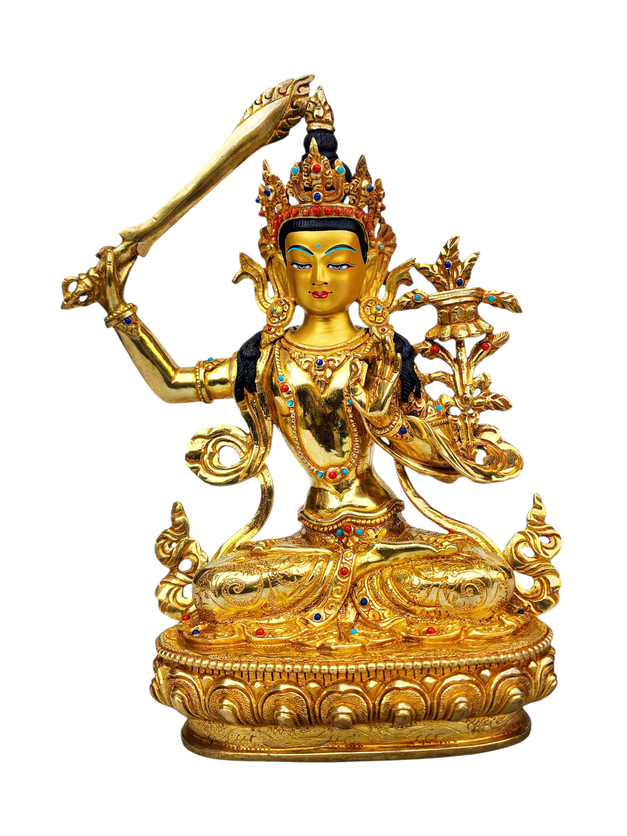 [manjushri], Buddhist Handmade Statue, [full Gold Plated], [stone Setting], [face Painted]