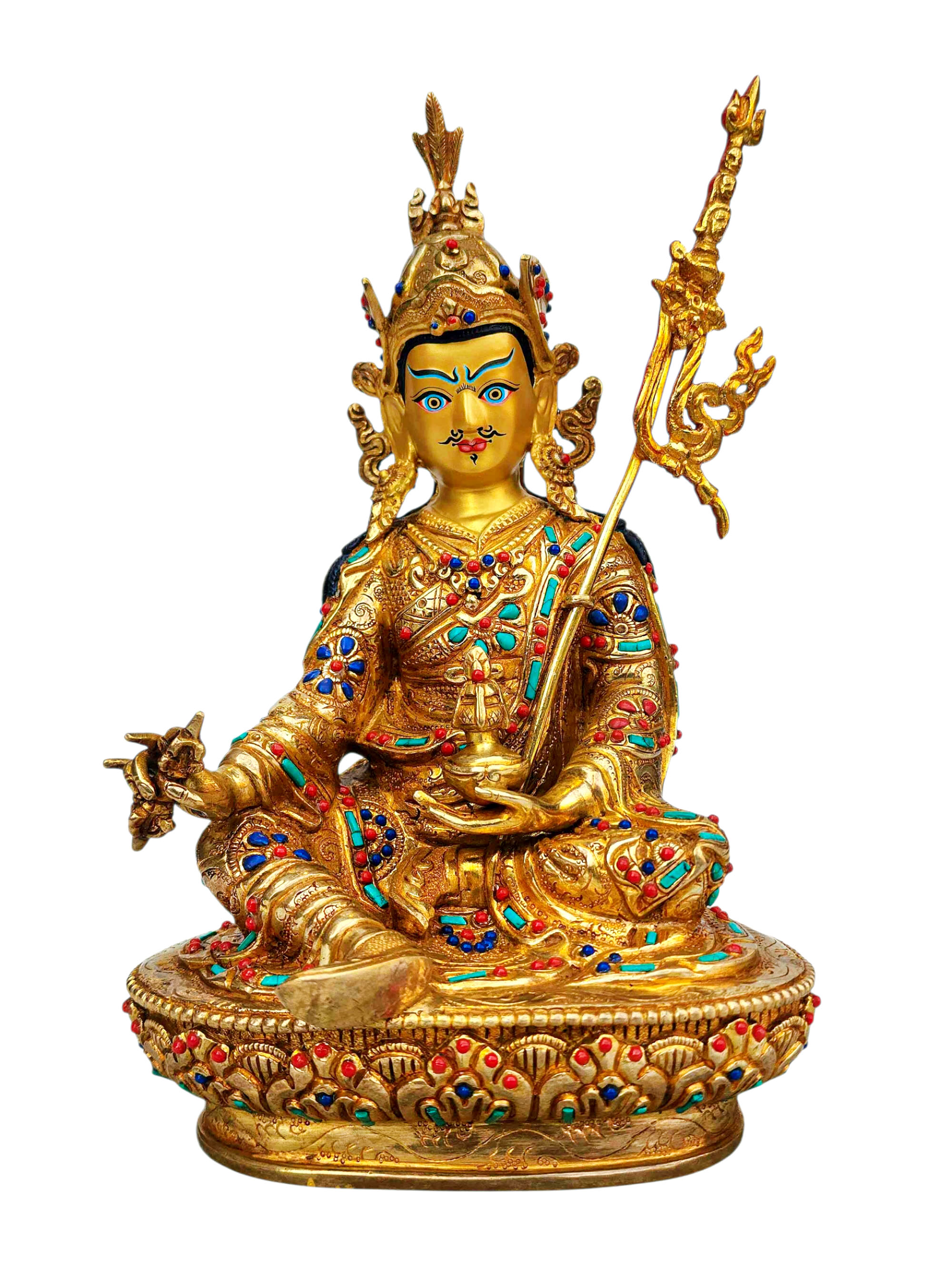 [padmasambhava], Buddhist Handmade Statue, [full Gold Plated], [stone Setting], [face Painted]