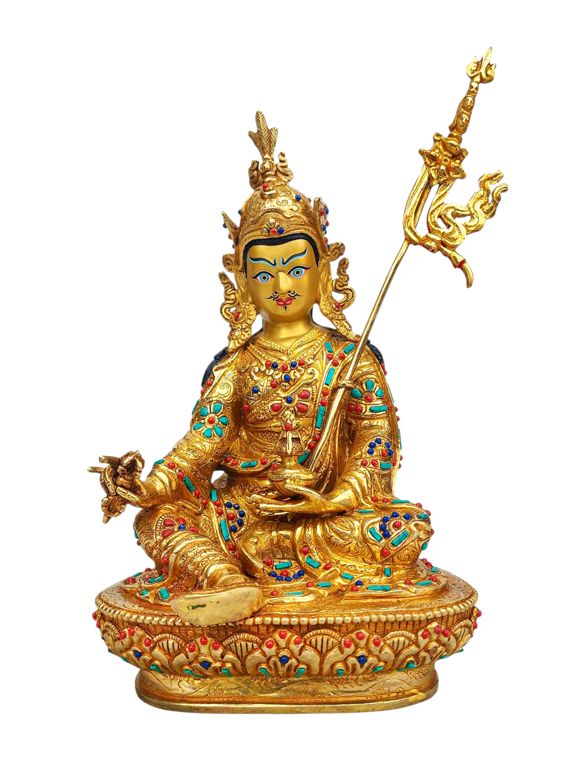 [padmasambhava], Buddhist Handmade Statue, [full Gold Plated], [stone Setting], [face Painted]