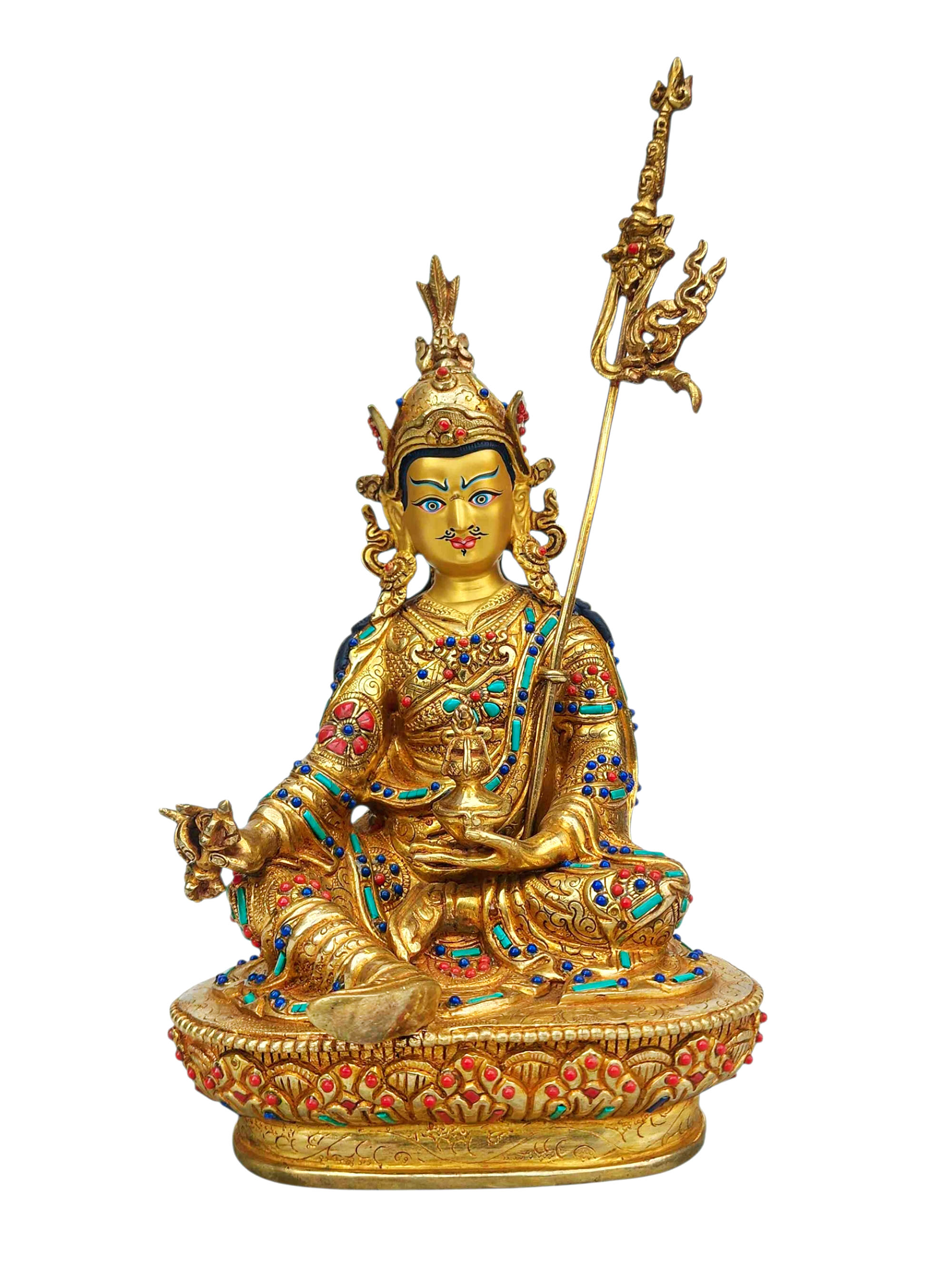 [padmasambhava], Buddhist Handmade Statue, [full Gold Plated], [stone Setting], [face Painted]