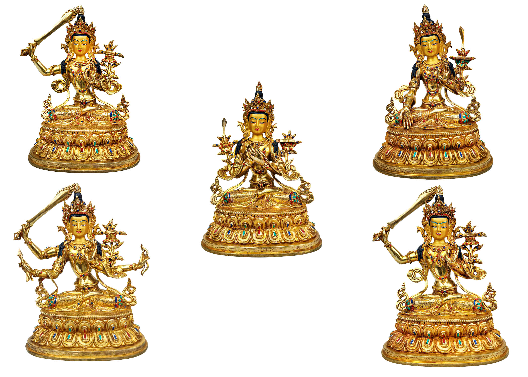 [five Dhyani Manjushri] Or [manjushri Set], Buddhist Handmade Statue, [full Gold Plated], [stone Setting], [face Painted]