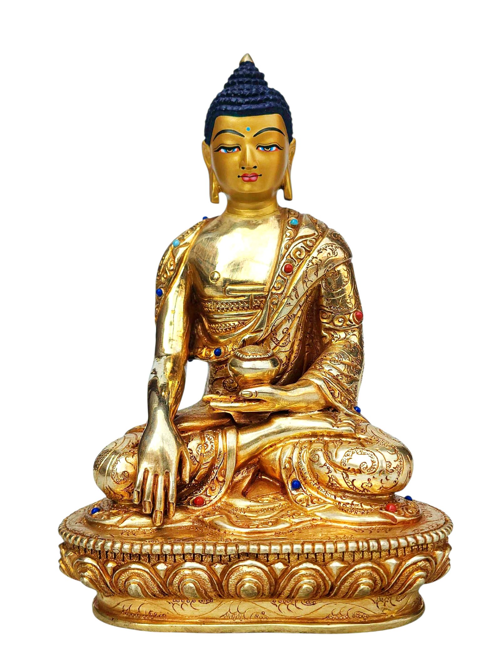 [shakyamuni Buddha], Buddhist Handmade Statue, [full Gold Plated], [stone Setting], [face Painted]