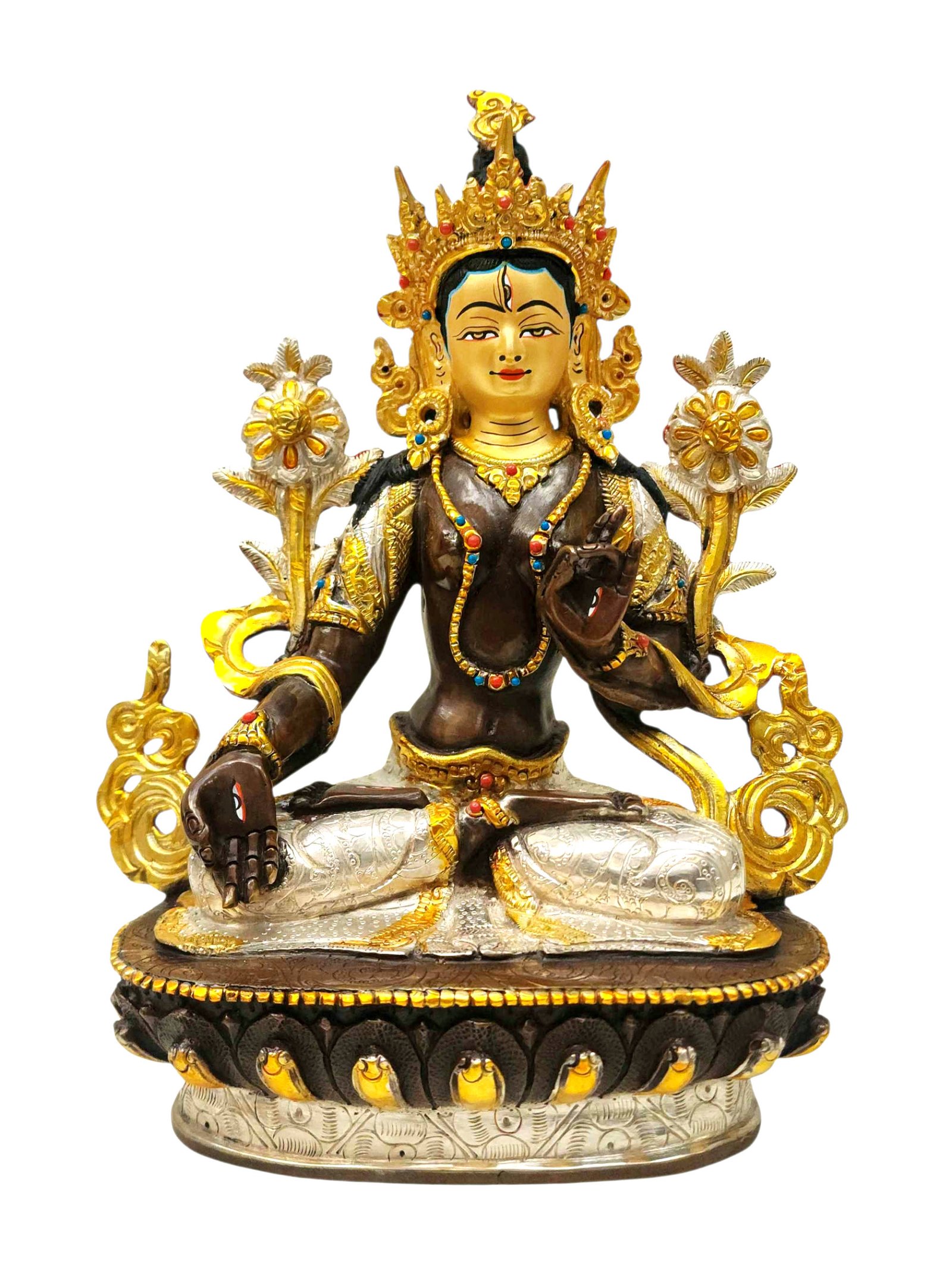 [white Tara], Buddhist Handmade Statue, [chocolate And Silver Oxidized With Extra Gold Plated], [stone Setting], [face Painted]