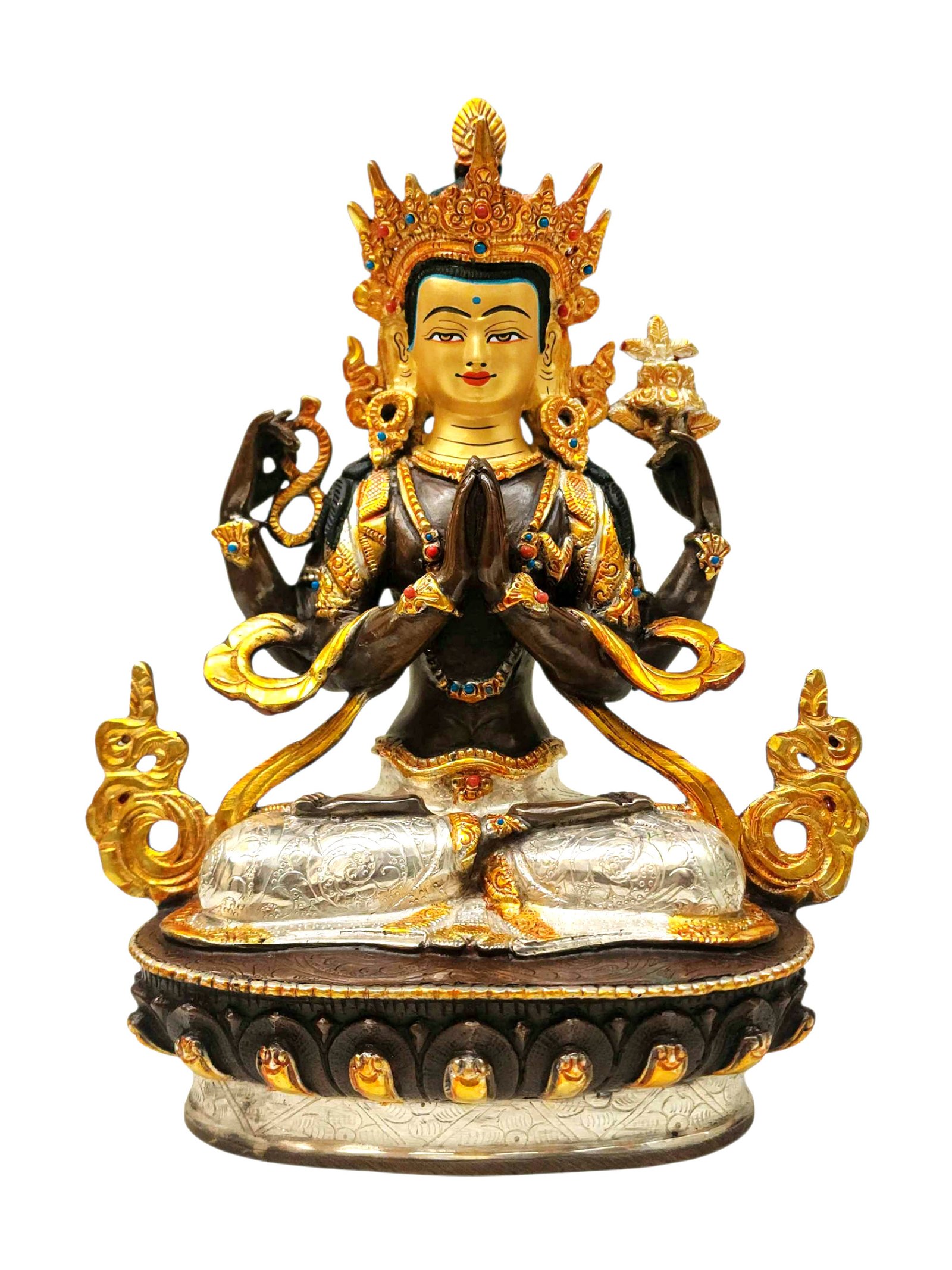 [chenrezig], Buddhist Handmade Statue, [chocolate And Silver Oxidized With Extra Gold Plated], [stone Setting], [face Painted]